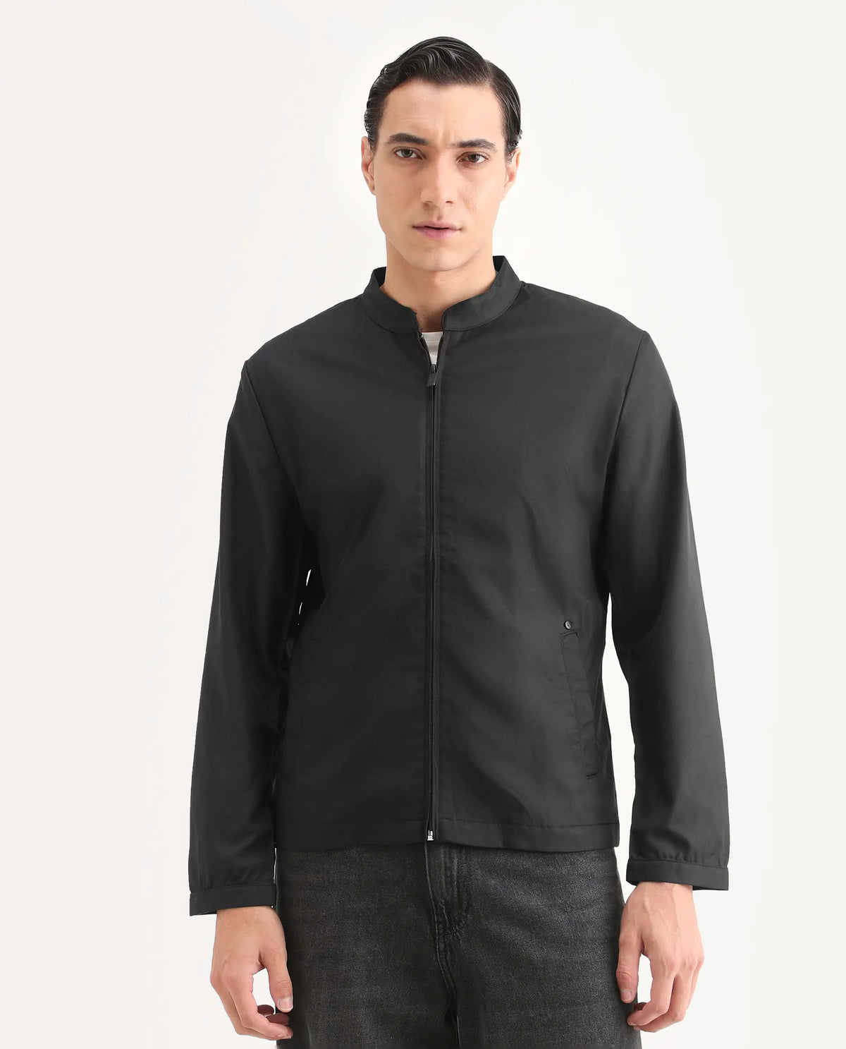 Rare Rabbit Men's Nimbus Black Plain Mandarin Collar Smart Twill Jacket