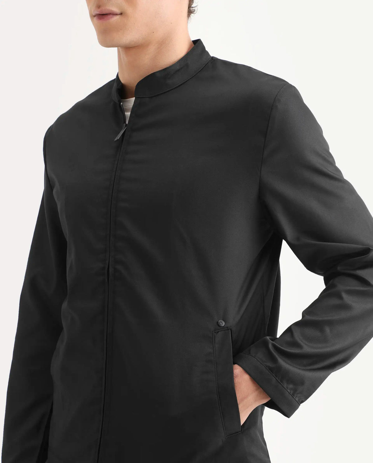 Rare Rabbit Men's Nimbus Black Plain Mandarin Collar Smart Twill Jacket