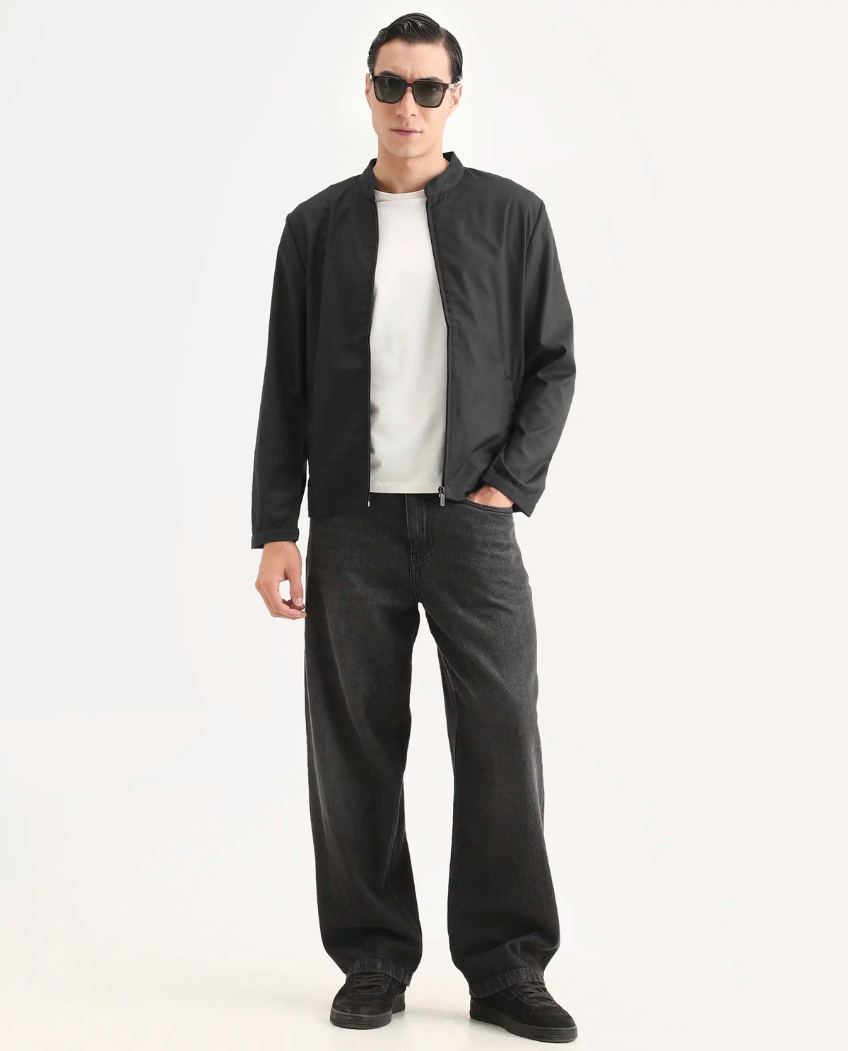 Rare Rabbit Men's Nimbus Black Plain Mandarin Collar Smart Twill Jacket