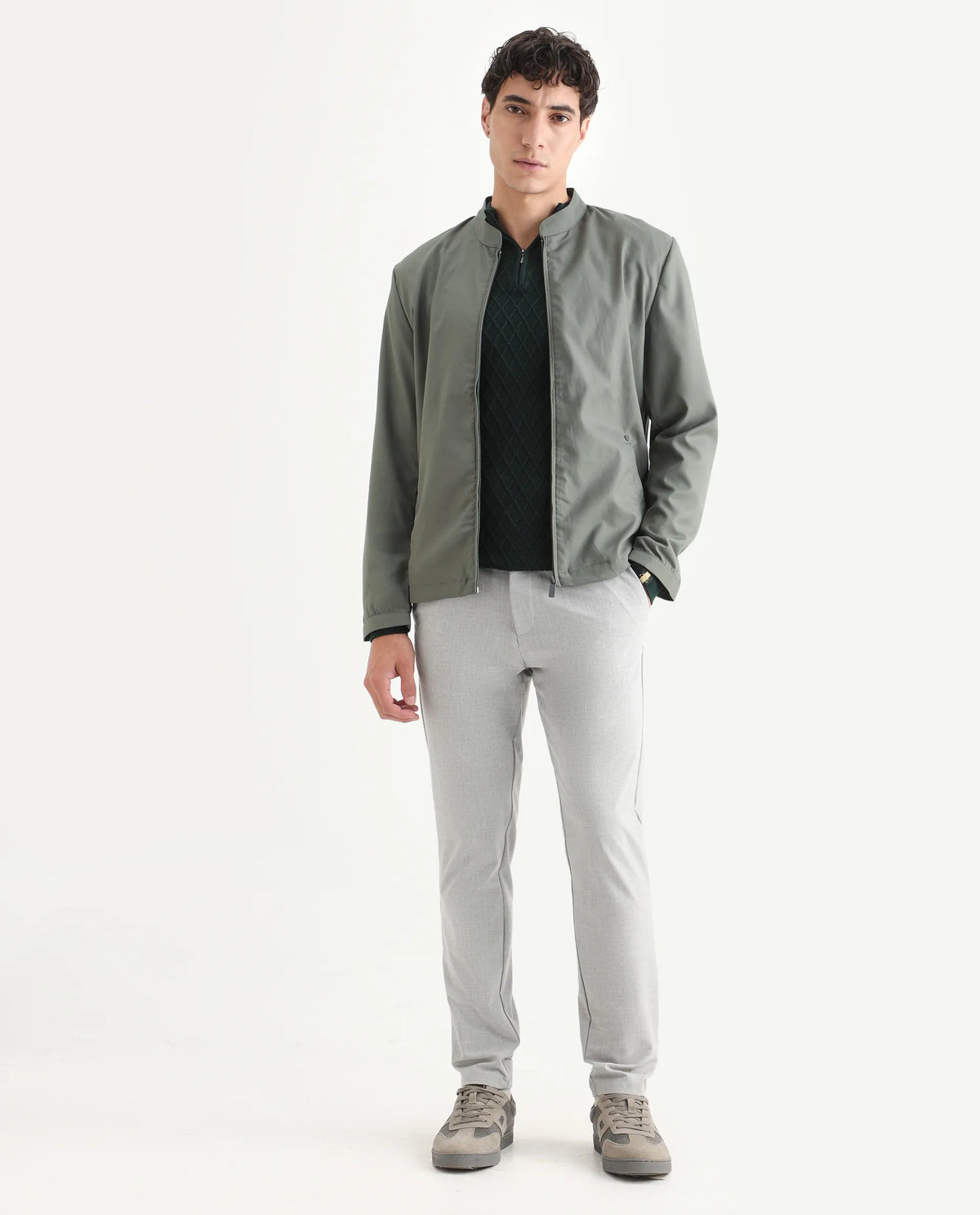 Rare Rabbit Mens Nimbus Dusky Green Jacket Cuffed Sleeve Mandarin Collar Solid