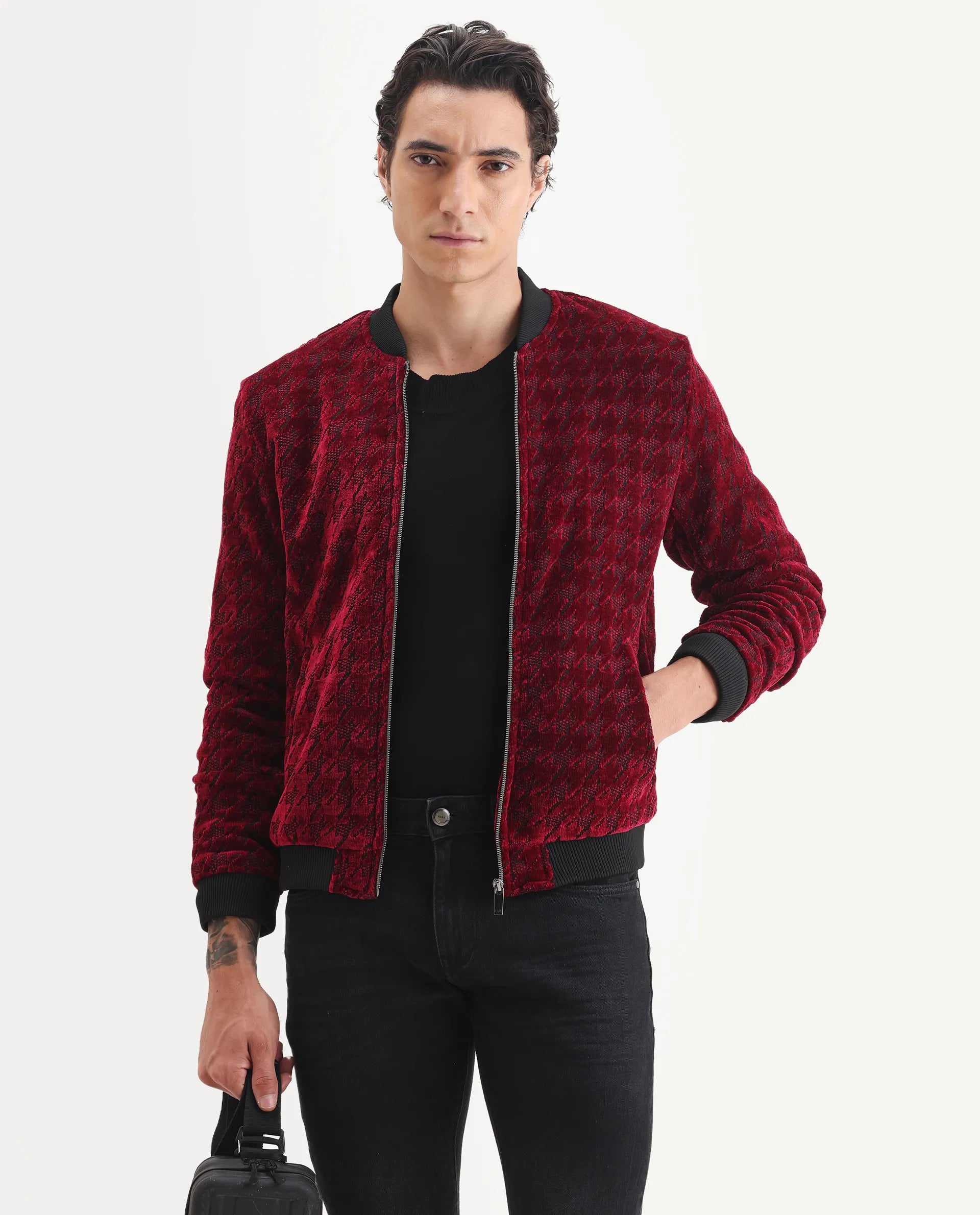 Rare Rabbit Men's Beldon Red Velvet Textured Regular Fit Full Sleeve Stand Collar Jacket
