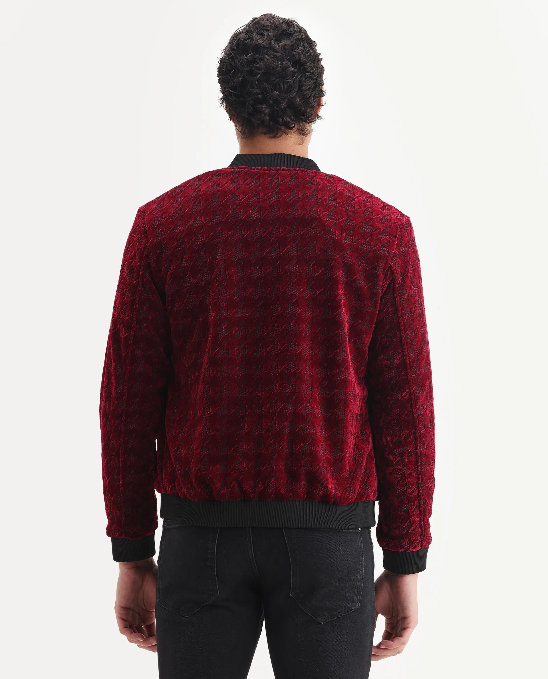 Rare Rabbit Men's Beldon Red Velvet Textured Regular Fit Full Sleeve Stand Collar Jacket