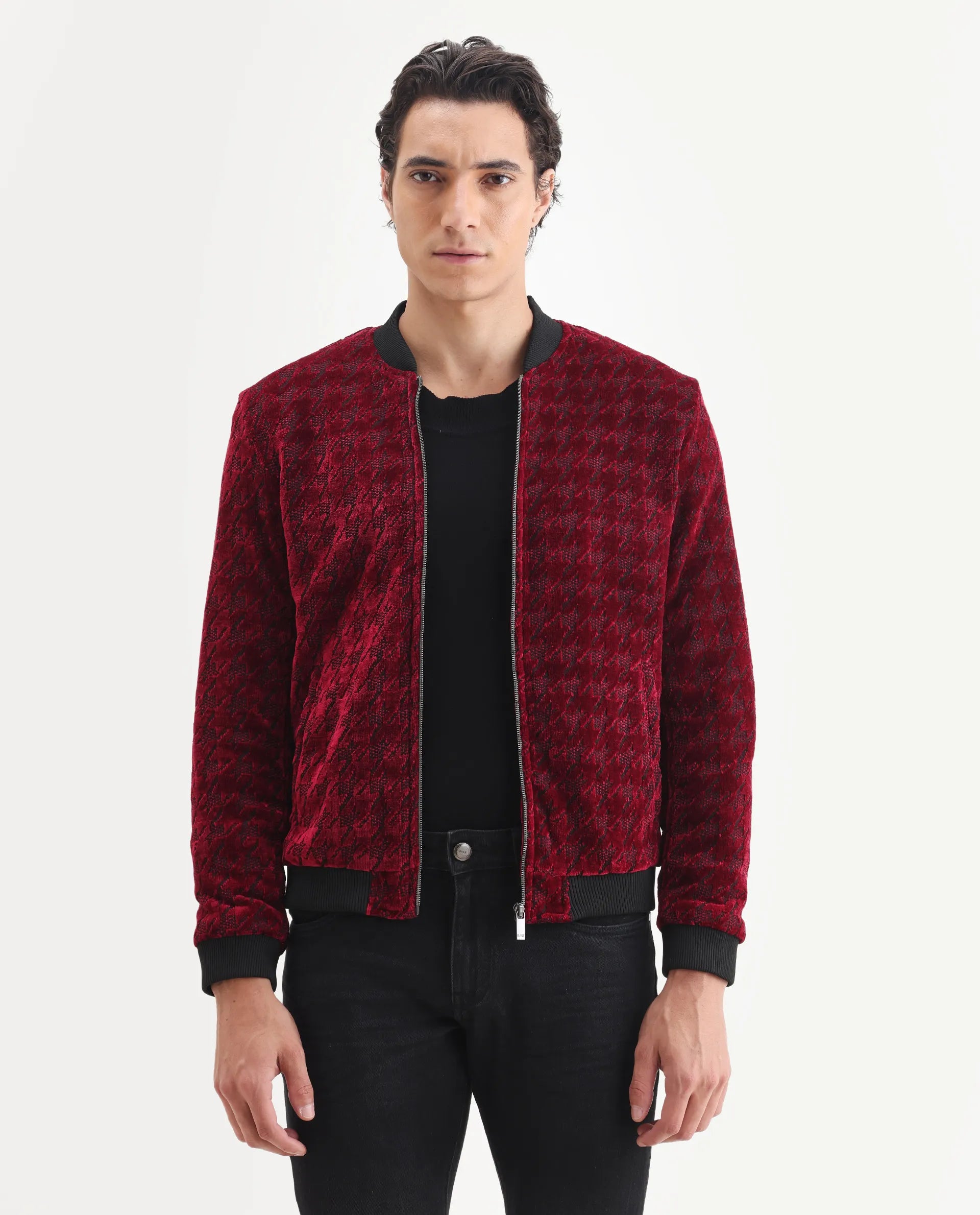 Rare Rabbit Men's Beldon Red Velvet Textured Regular Fit Full Sleeve Stand Collar Jacket