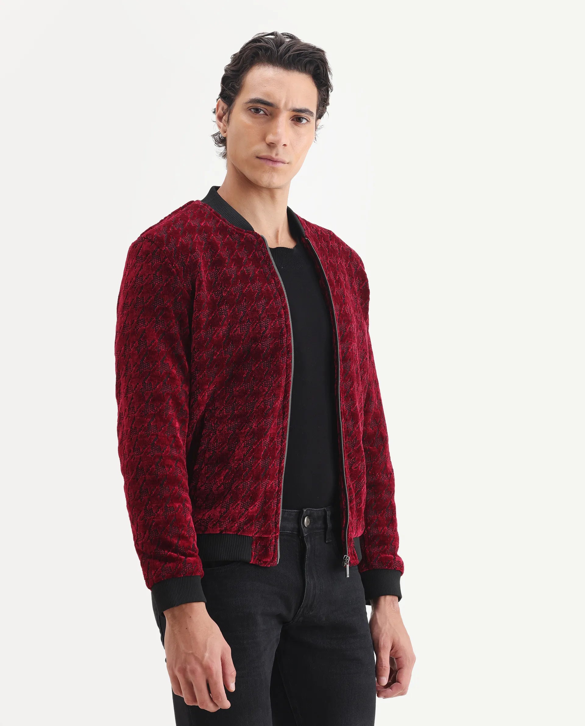 Rare Rabbit Men's Beldon Red Velvet Textured Regular Fit Full Sleeve Stand Collar Jacket
