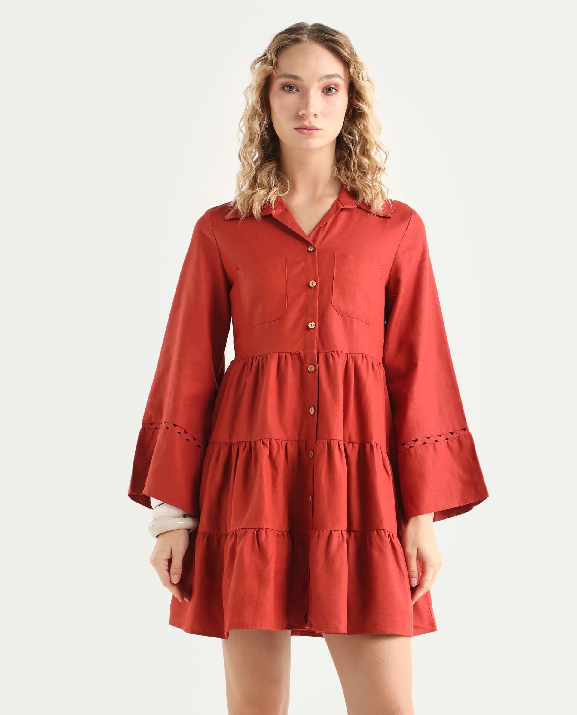 Rareism Women's Wyatt Rust Cotton Blend Spread Collar Plain Bell Sleeve Mini Regular Fit Dress