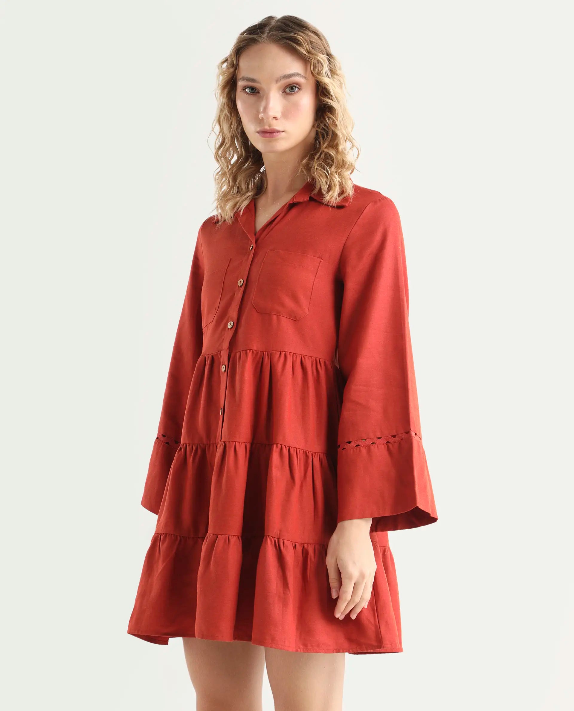 Rareism Women's Wyatt Rust Cotton Blend Spread Collar Plain Bell Sleeve Mini Regular Fit Dress