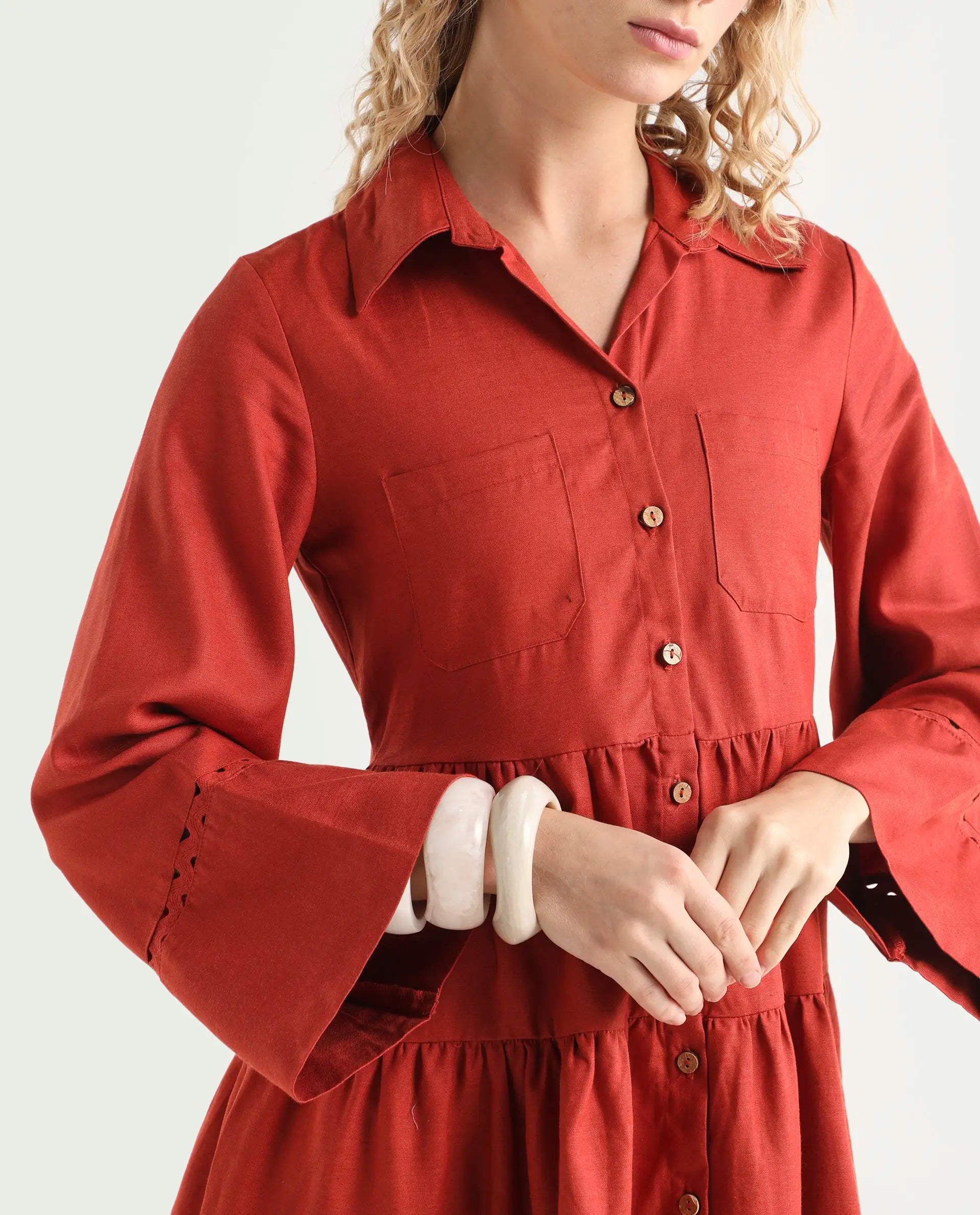 Rareism Women's Wyatt Rust Cotton Blend Spread Collar Plain Bell Sleeve Mini Regular Fit Dress