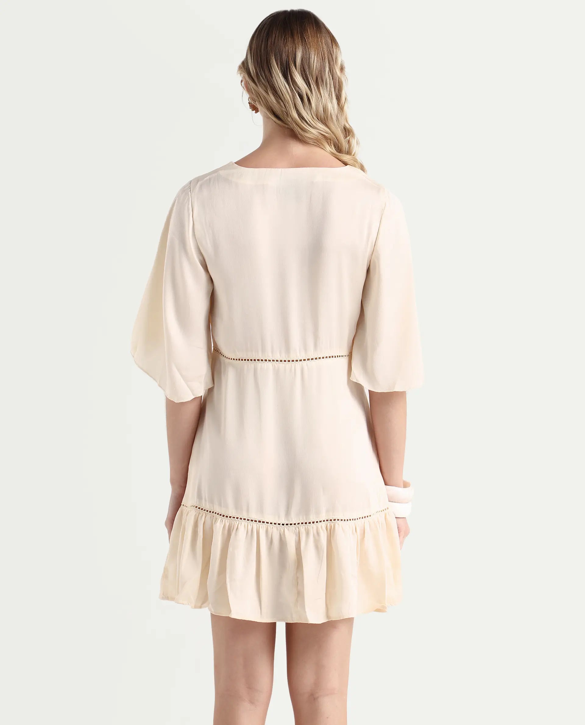 Rareism Women's Zyrus Off White Polyester V-Neck Plain Flared Sleeve Mini Regular Fit Dress