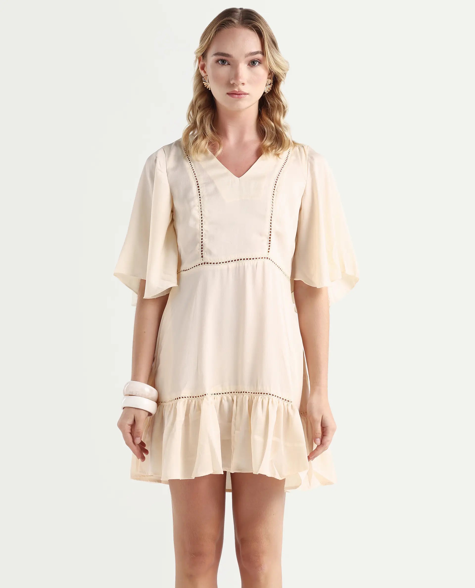 Rareism Women's Zyrus Off White Polyester V-Neck Plain Flared Sleeve Mini Regular Fit Dress