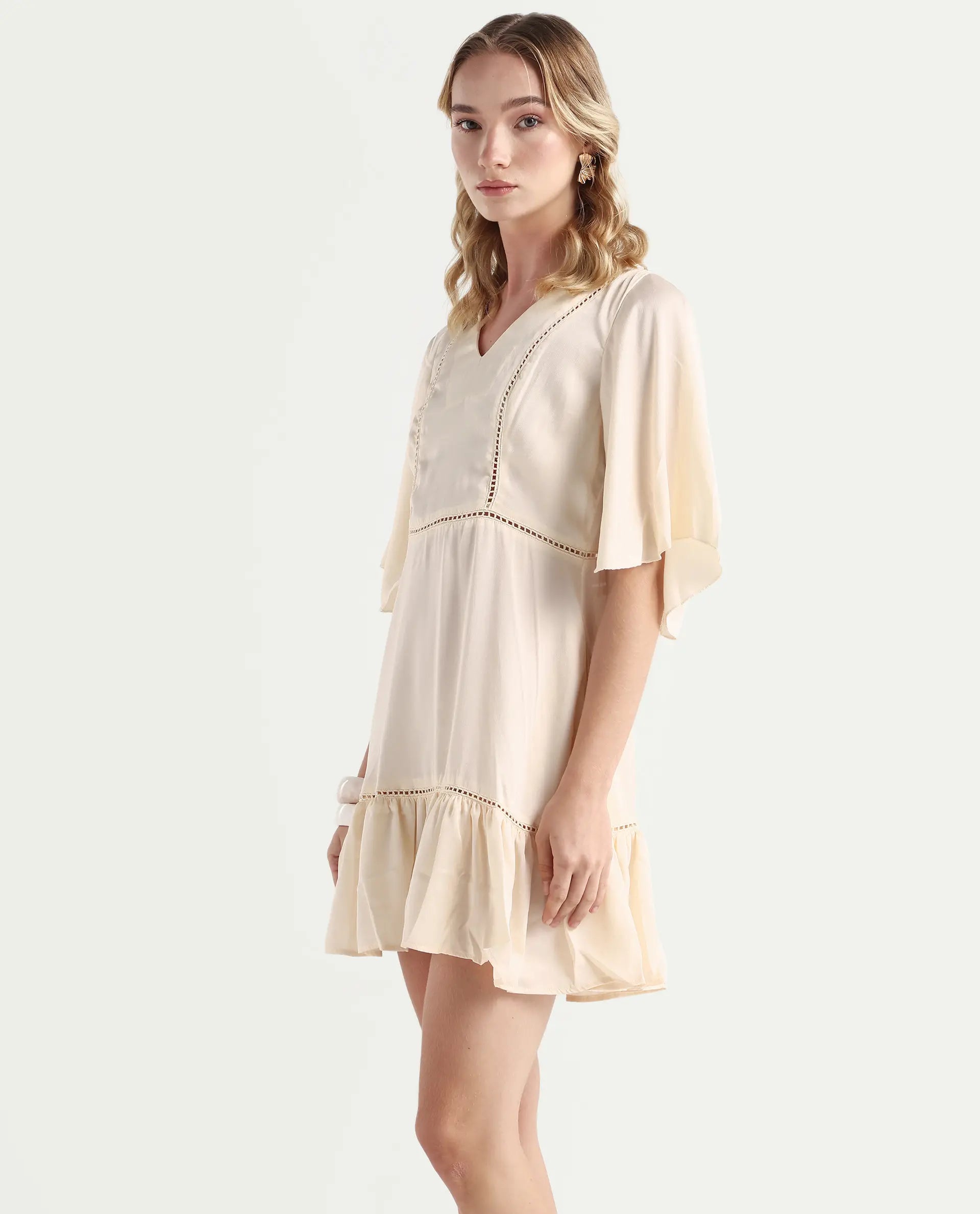 Rareism Women's Zyrus Off White Polyester V-Neck Plain Flared Sleeve Mini Regular Fit Dress
