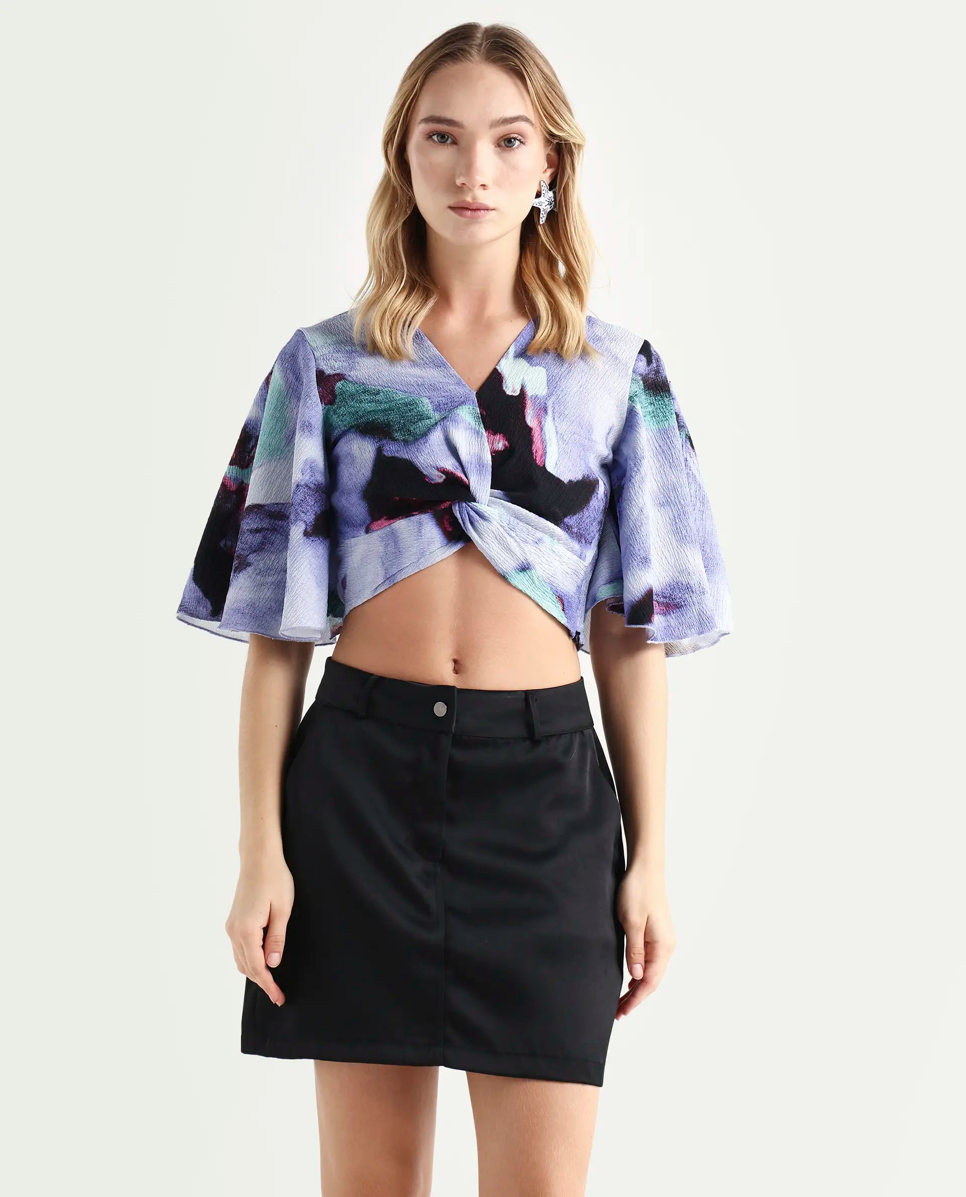 Rareism Women's Declan Purple Polyester Blend V-Neck Abstract Print Flared Sleeve Crop Regular Fit Top