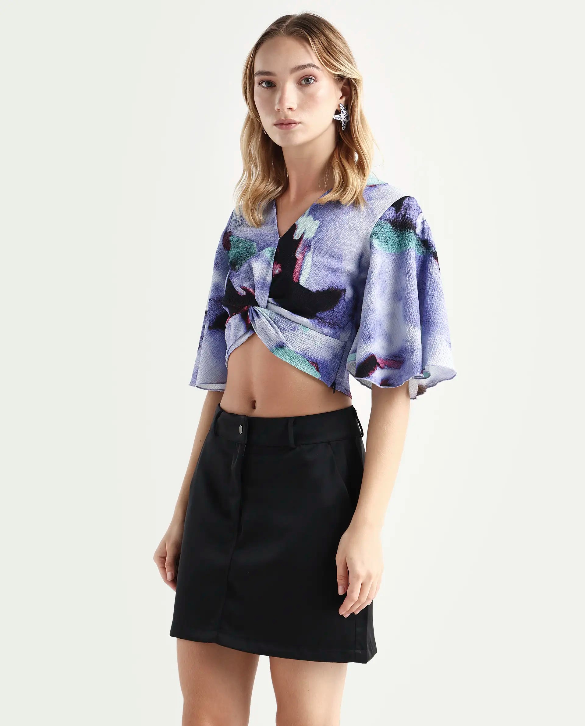 Rareism Women's Declan Purple Polyester Blend V-Neck Abstract Print Flared Sleeve Crop Regular Fit Top