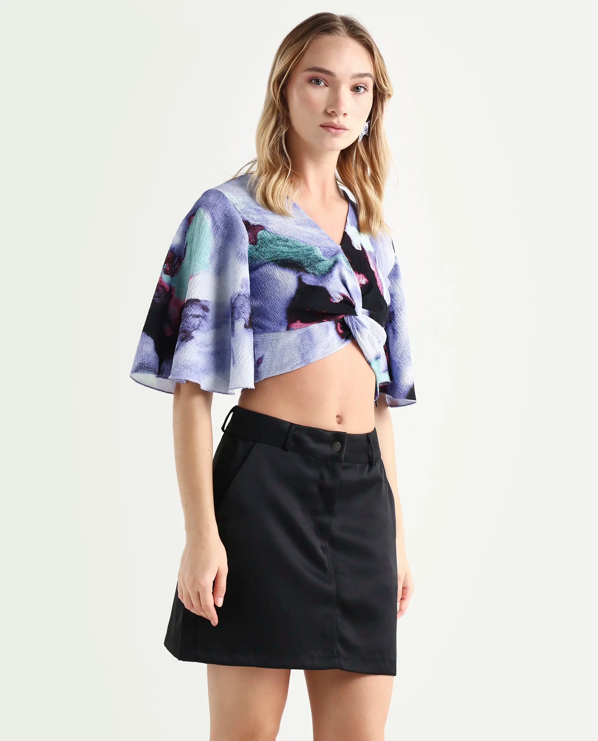 Rareism Women's Declan Purple Polyester Blend V-Neck Abstract Print Flared Sleeve Crop Regular Fit Top