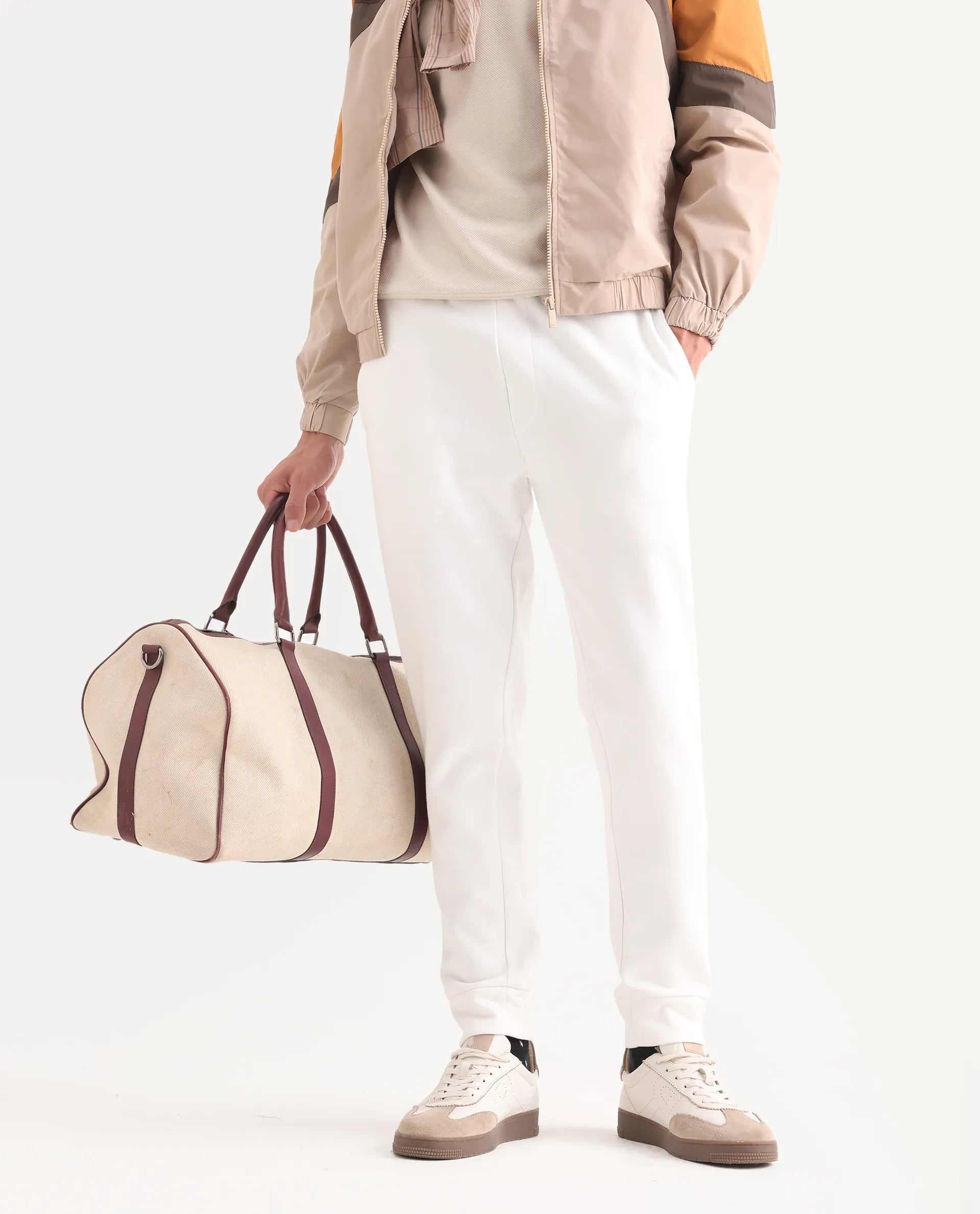 Rare Rabbit Mens Trant Off White Joggers Mid Rise Solid