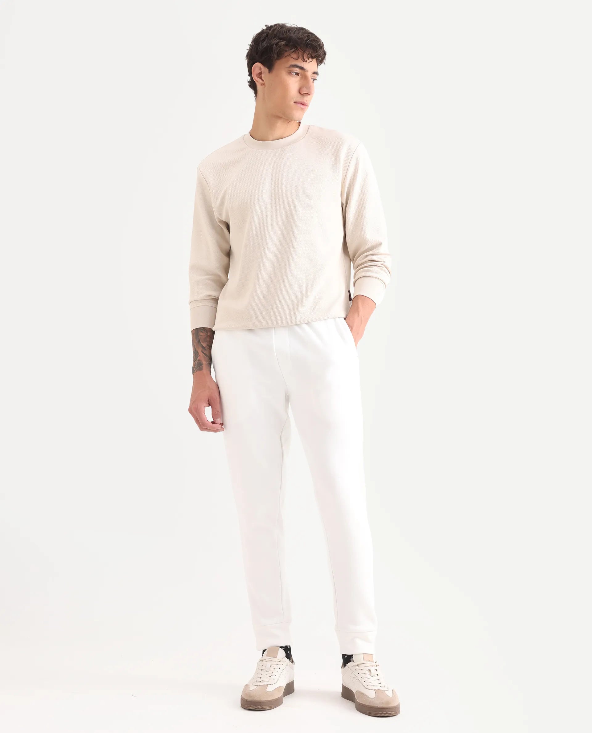 Rare Rabbit Mens Trant Off White Joggers Mid Rise Solid