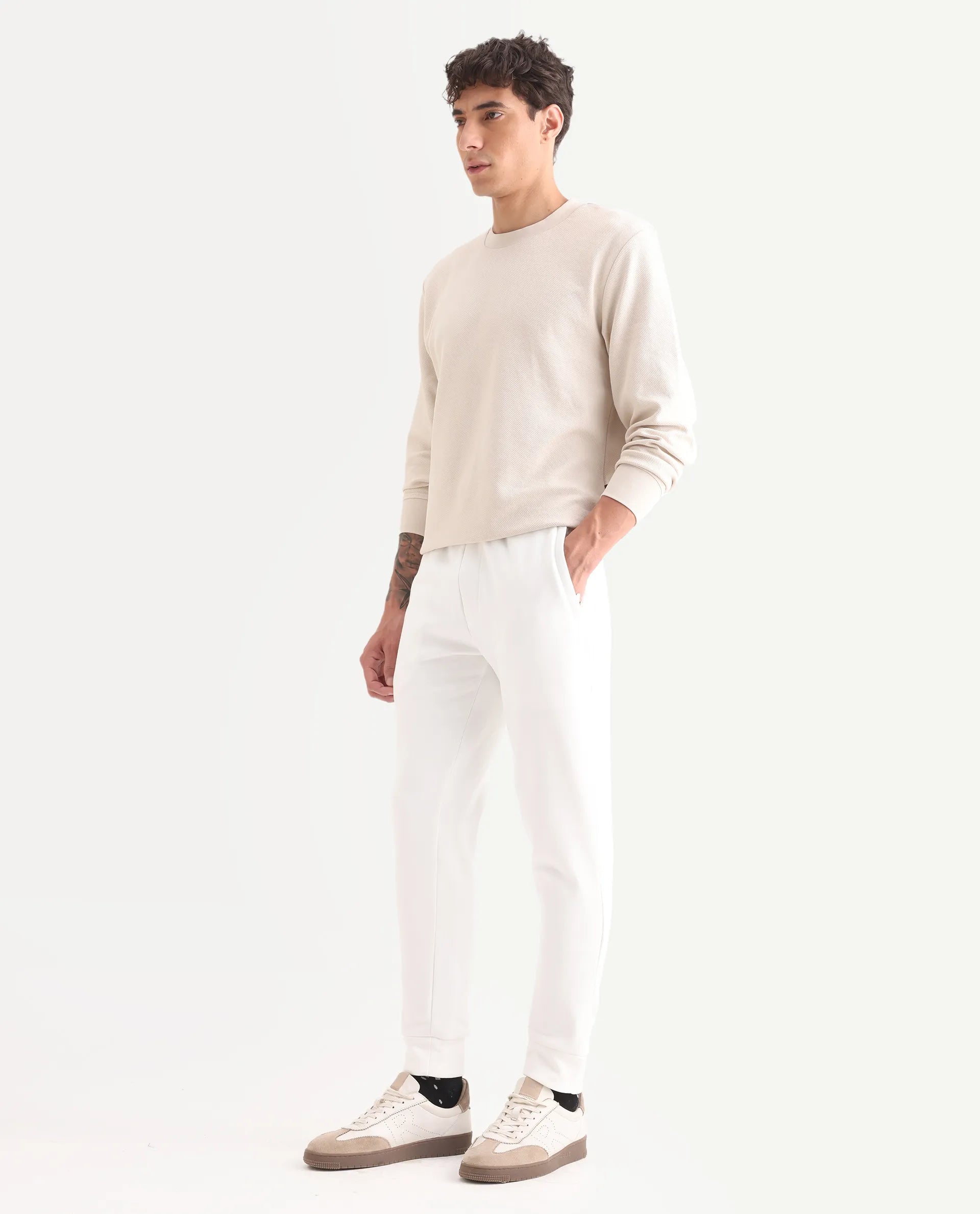 Rare Rabbit Mens Trant Off White Joggers Mid Rise Solid