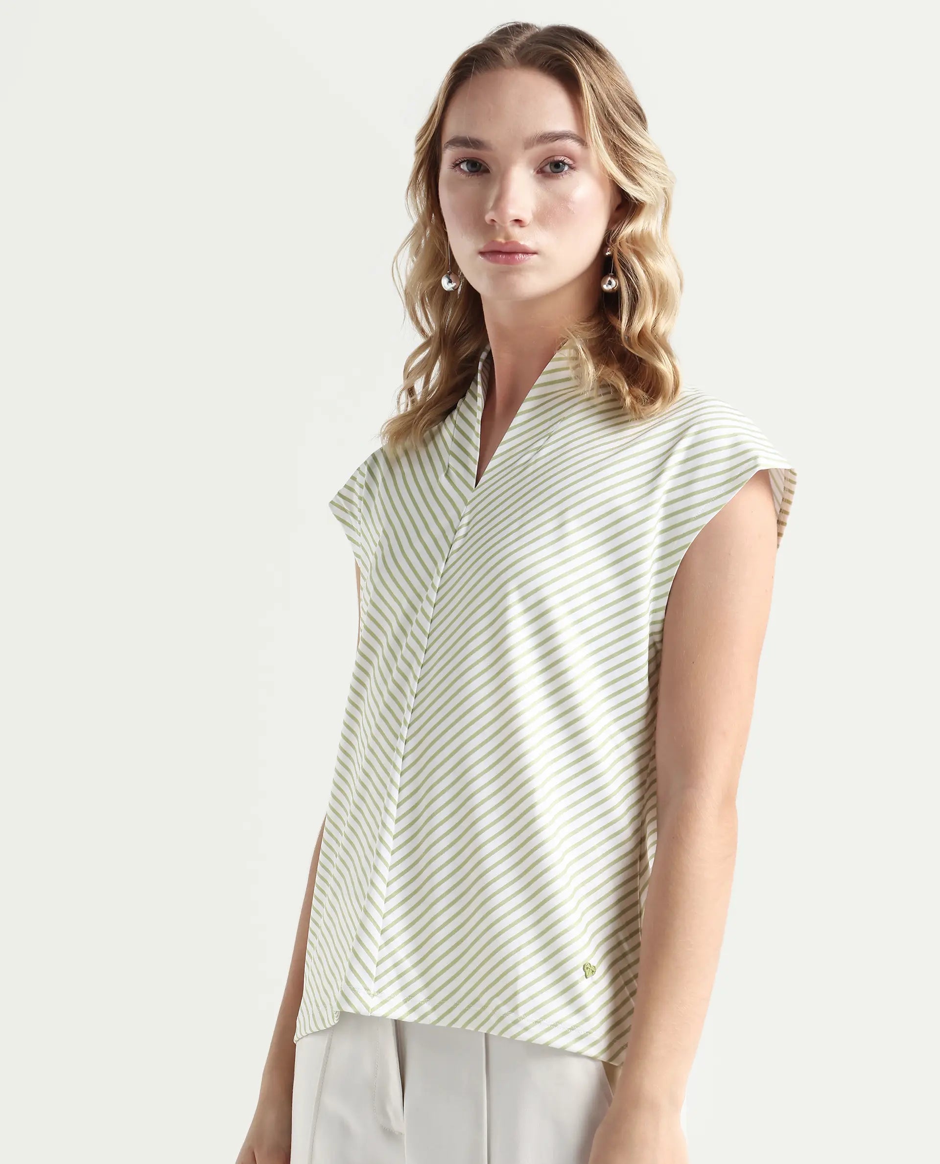 Rareism Women's Deon Green Polyester V-Neck Striped Sleeveless Regular Fit Top