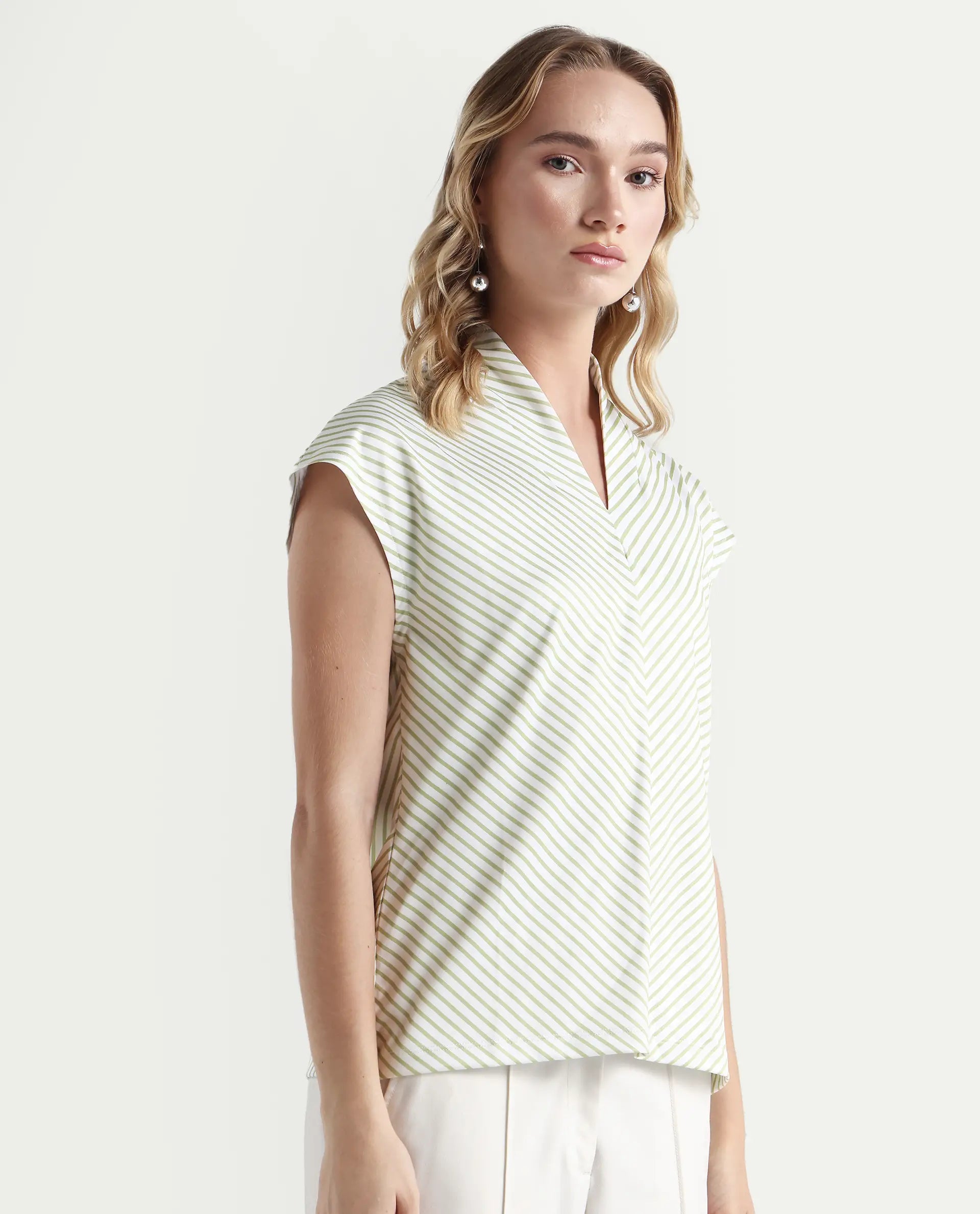 Rareism Women's Deon Green Polyester V-Neck Striped Sleeveless Regular Fit Top