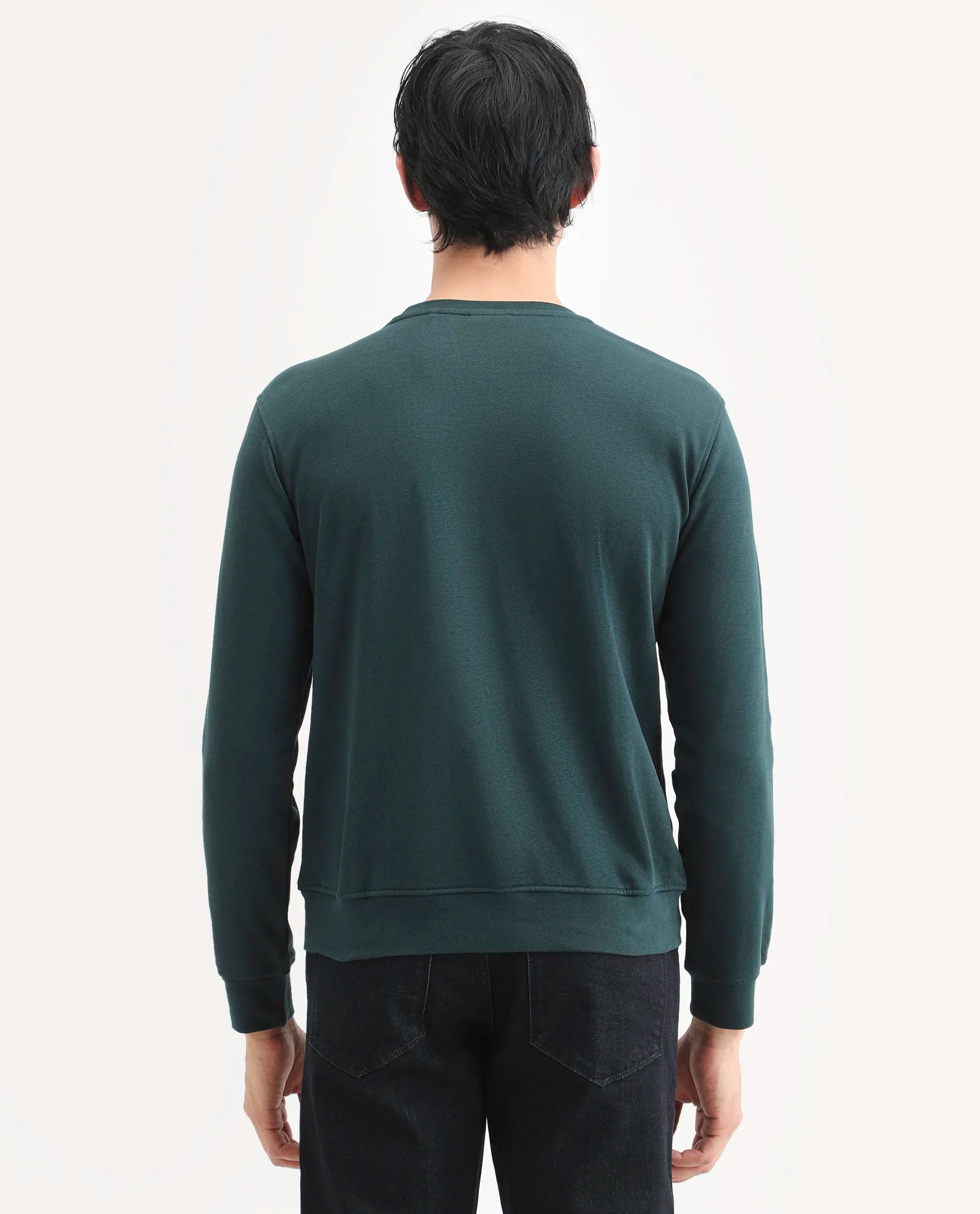 Rare Rabbit Men's Cerdo Dark Green Cotton Embroidered Regular Fit Full Sleeve Crew Neck Sweatshirt