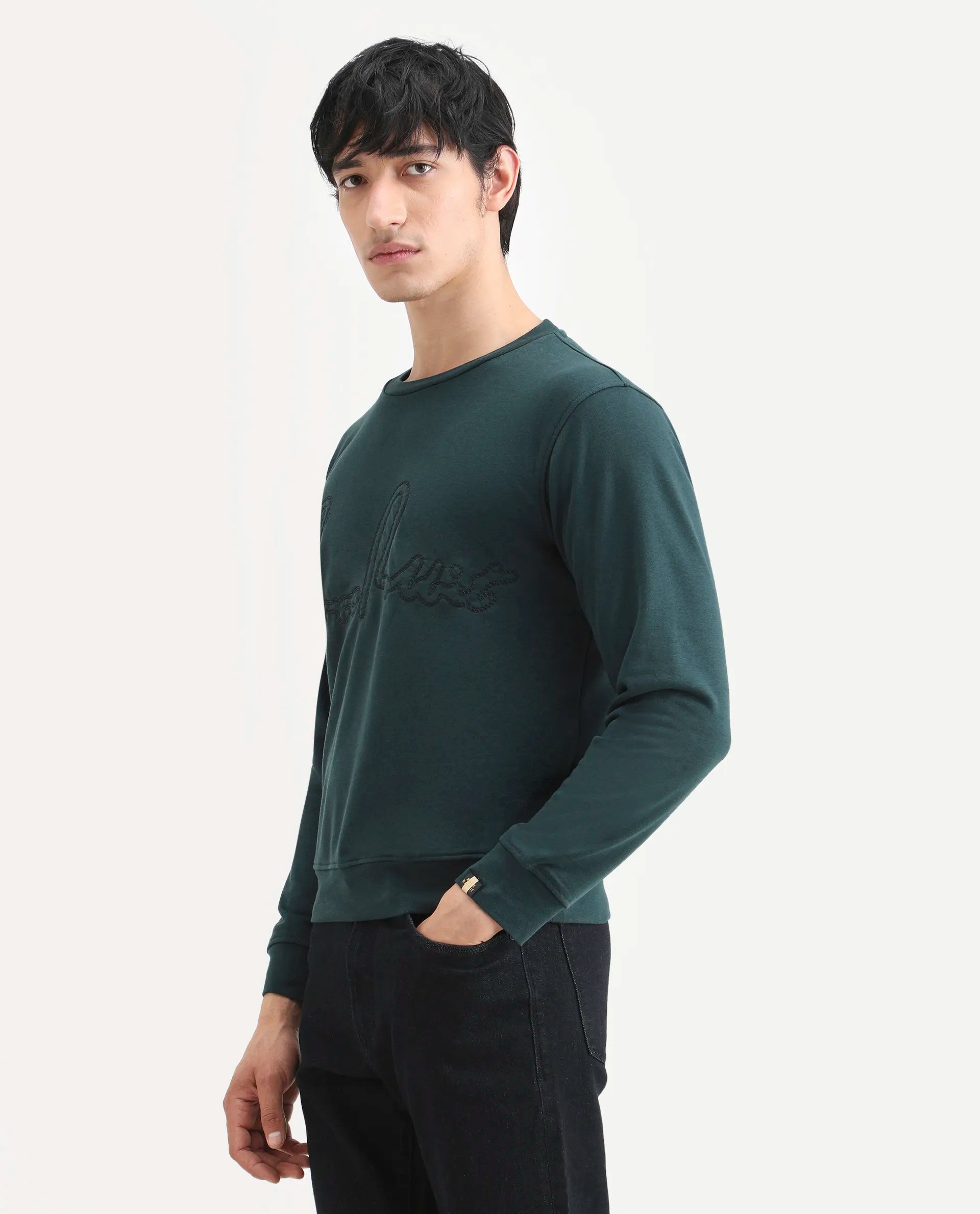 Rare Rabbit Men's Cerdo Dark Green Cotton Embroidered Regular Fit Full Sleeve Crew Neck Sweatshirt