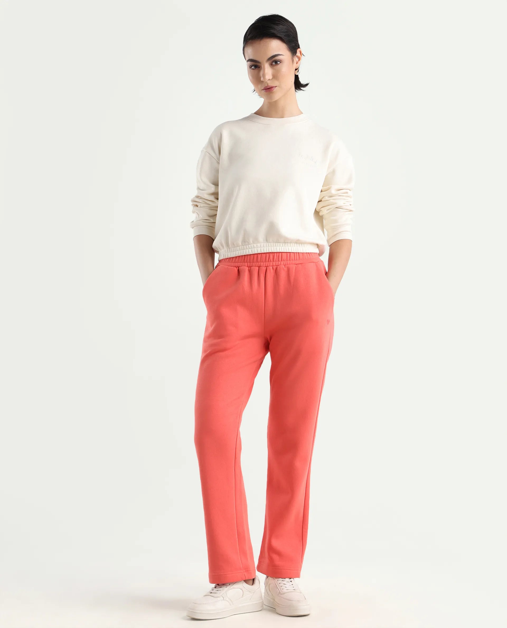 Rareism Women's Fronk Orange Polyester Blend Plain Ankle Length Tailored Track Pant