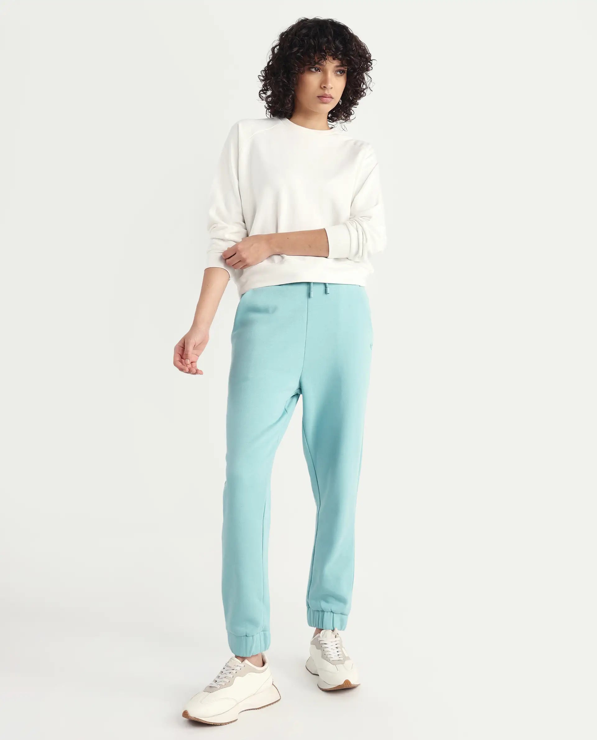 Rareism Women's Terac F Light Turq Polyester Blend Plain Ankle Length Regular Fit Track Pant