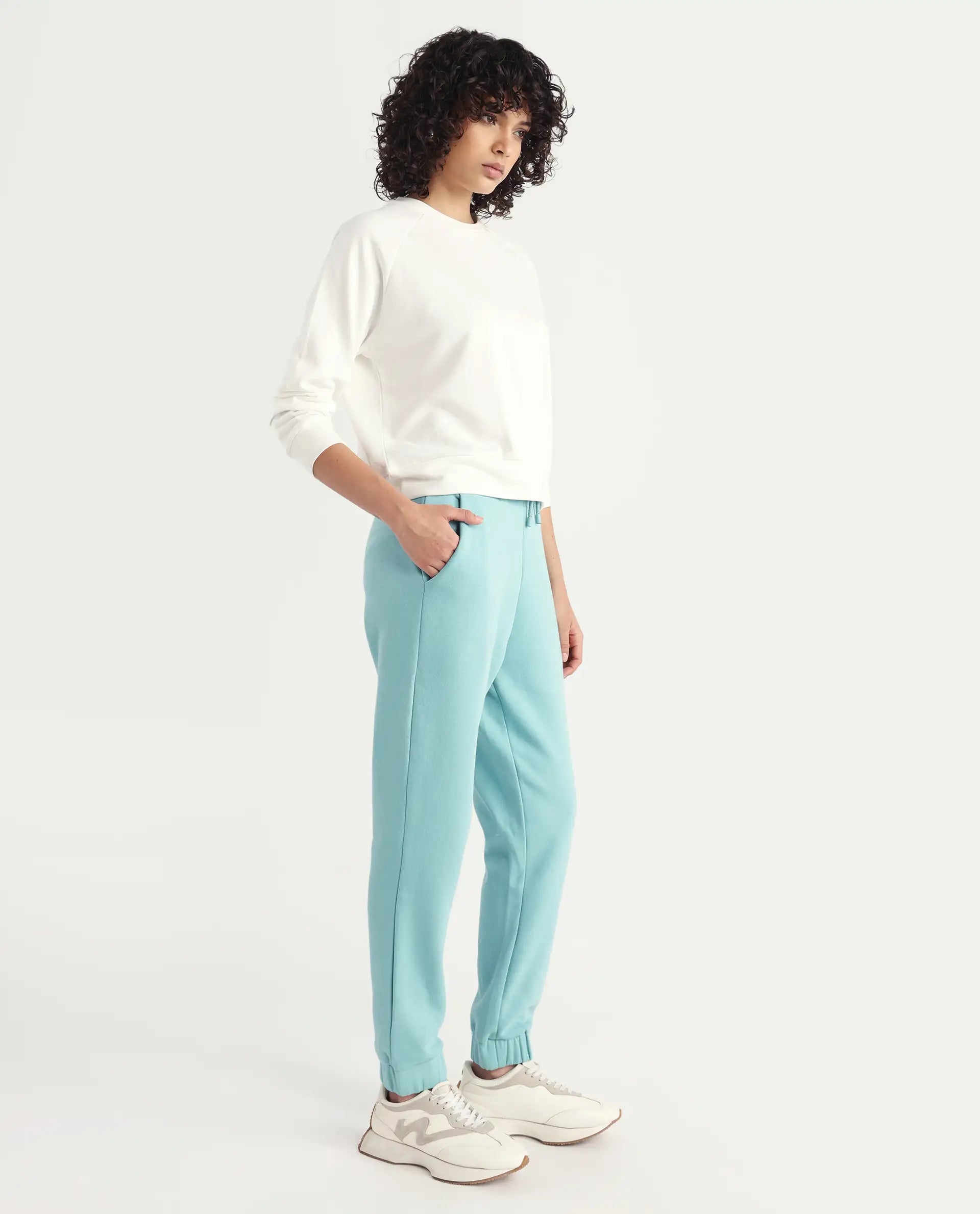 Rareism Women's Terac F Light Turq Polyester Blend Plain Ankle Length Regular Fit Track Pant