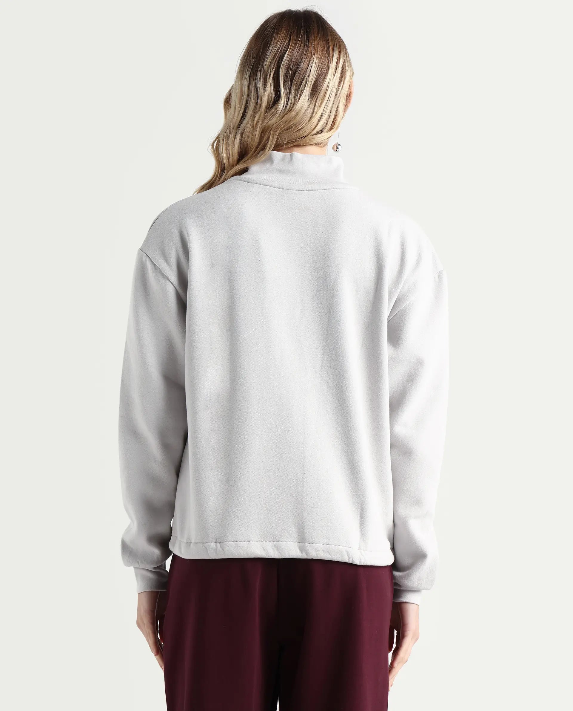 Rareism Women's Aldrichh Light Grey Polyester Blend High Neck Plain Regular Fit Sweatshirt