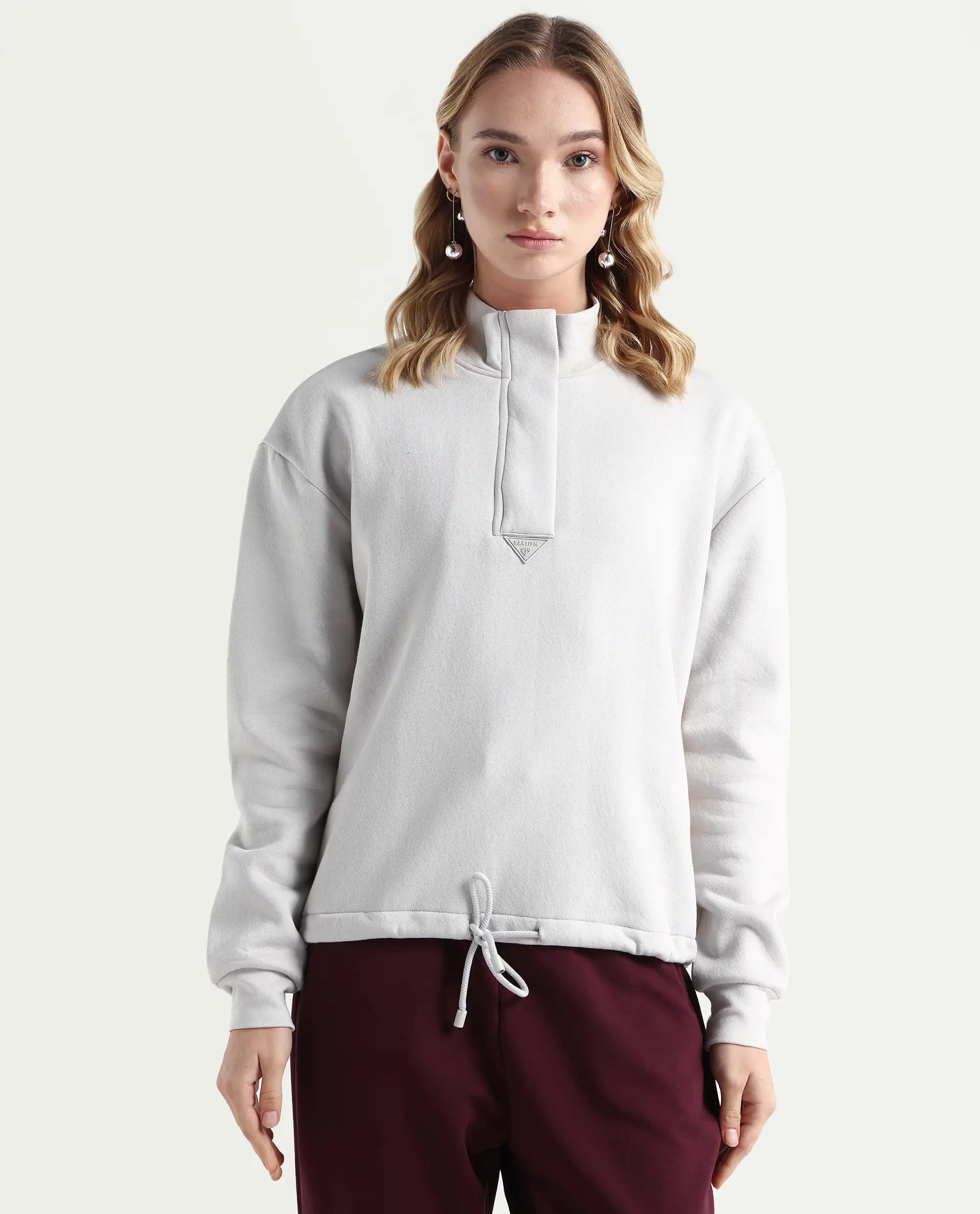 Rareism Women's Aldrichh Light Grey Polyester Blend High Neck Plain Regular Fit Sweatshirt