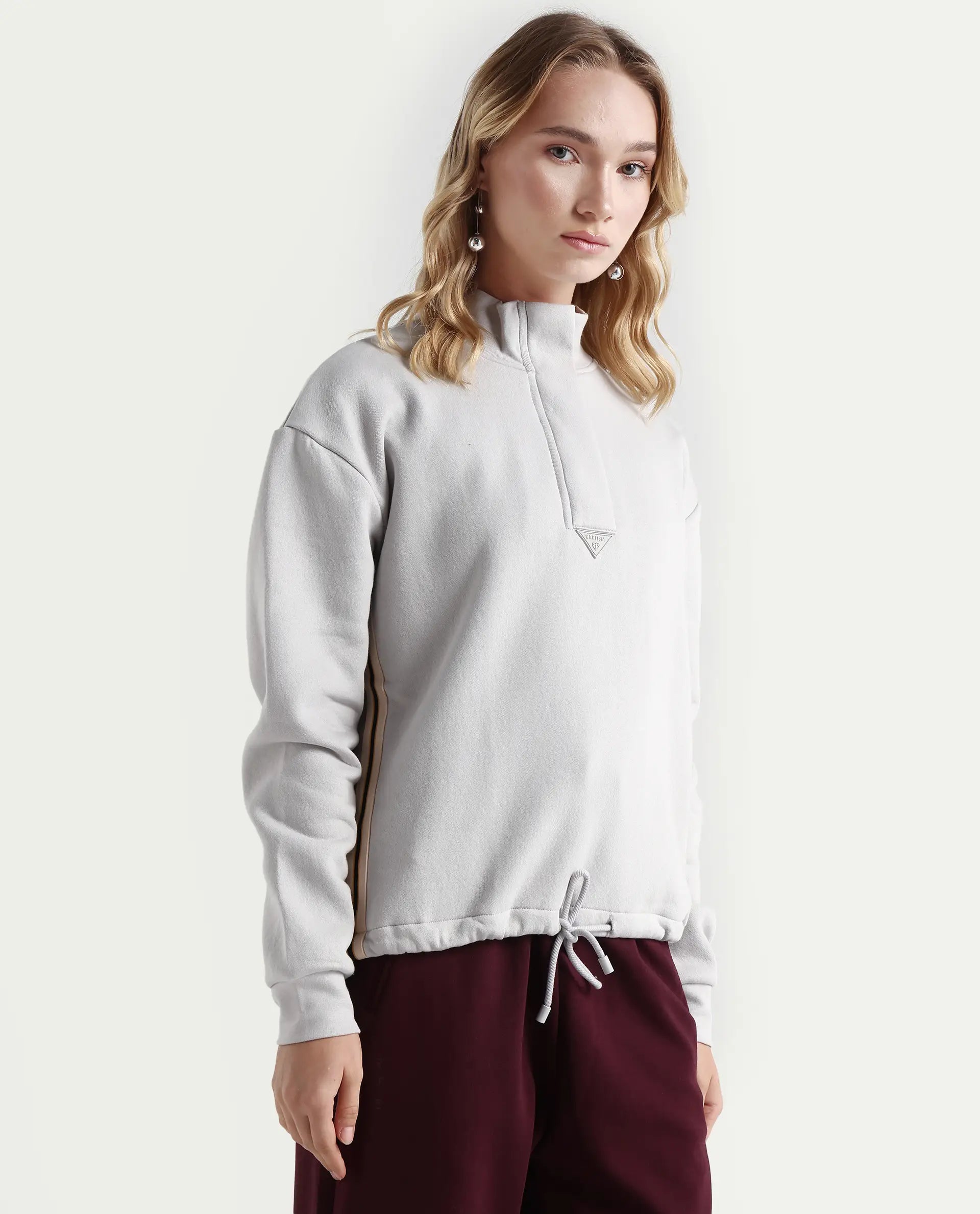Rareism Women's Aldrichh Light Grey Polyester Blend High Neck Plain Regular Fit Sweatshirt