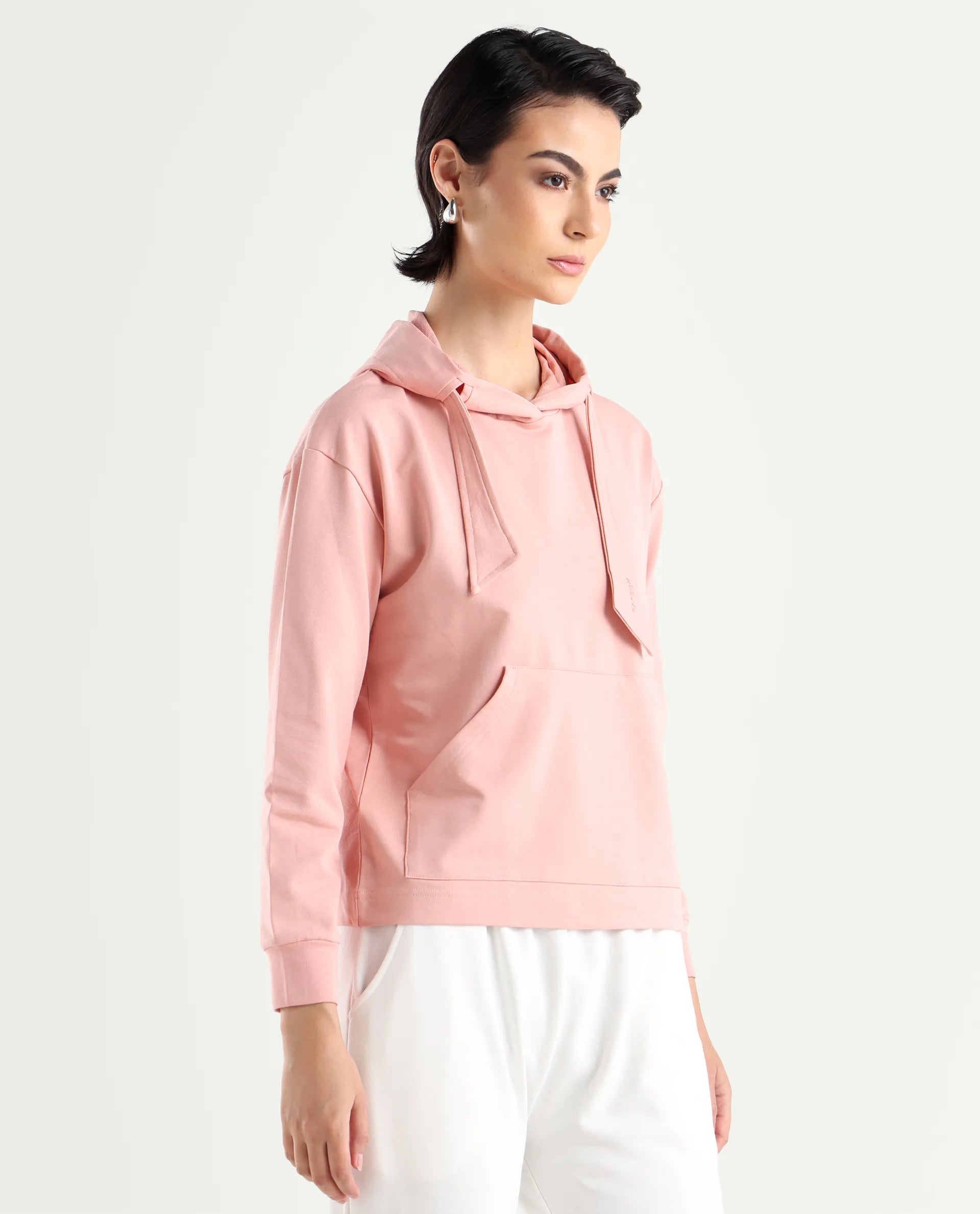 Rareism Women's Flynn Light Orange Cotton Blend Hooded Plain Regular Fit Sweatshirt