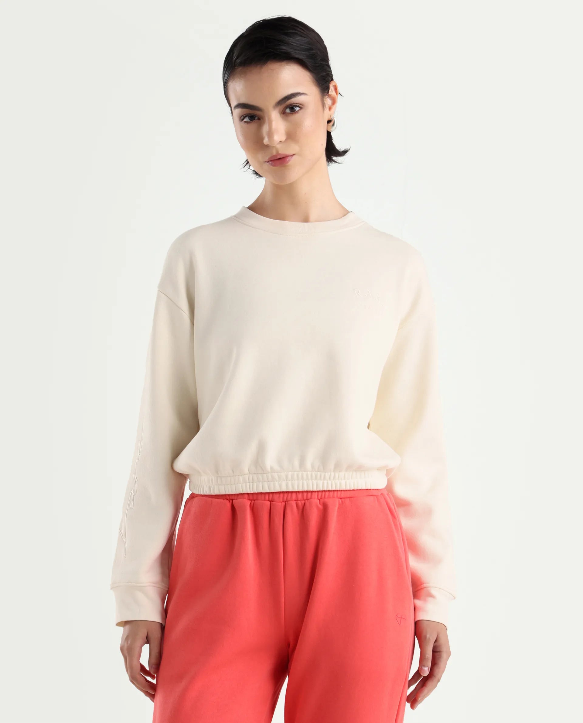 Rareism Women's Krok Beige Polyester Blend Crew Neck Embroidered Cuffed Sleeve Crop Regular Fit Sweatshirt