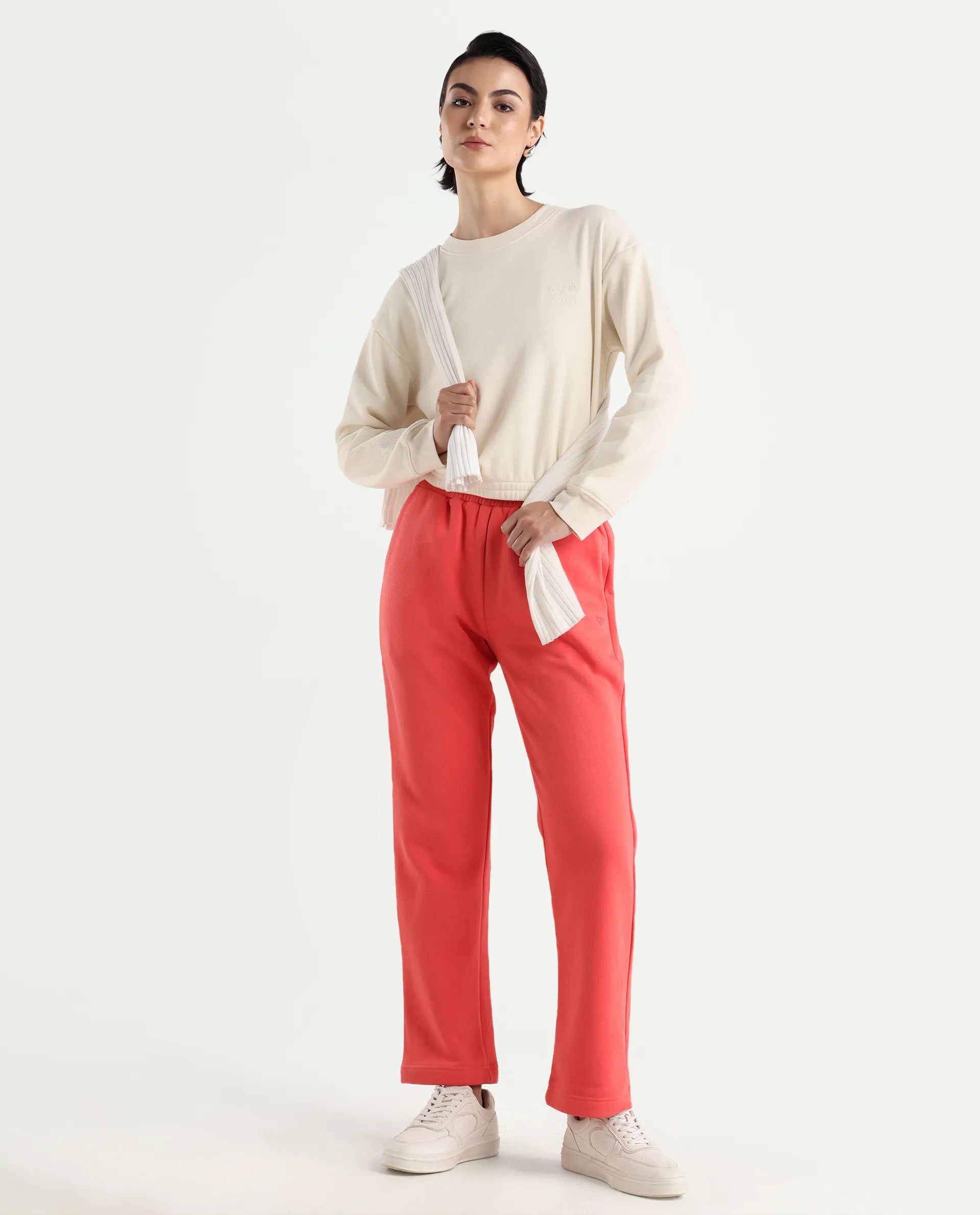 Rareism Women's Krok Beige Polyester Blend Crew Neck Embroidered Cuffed Sleeve Crop Regular Fit Sweatshirt