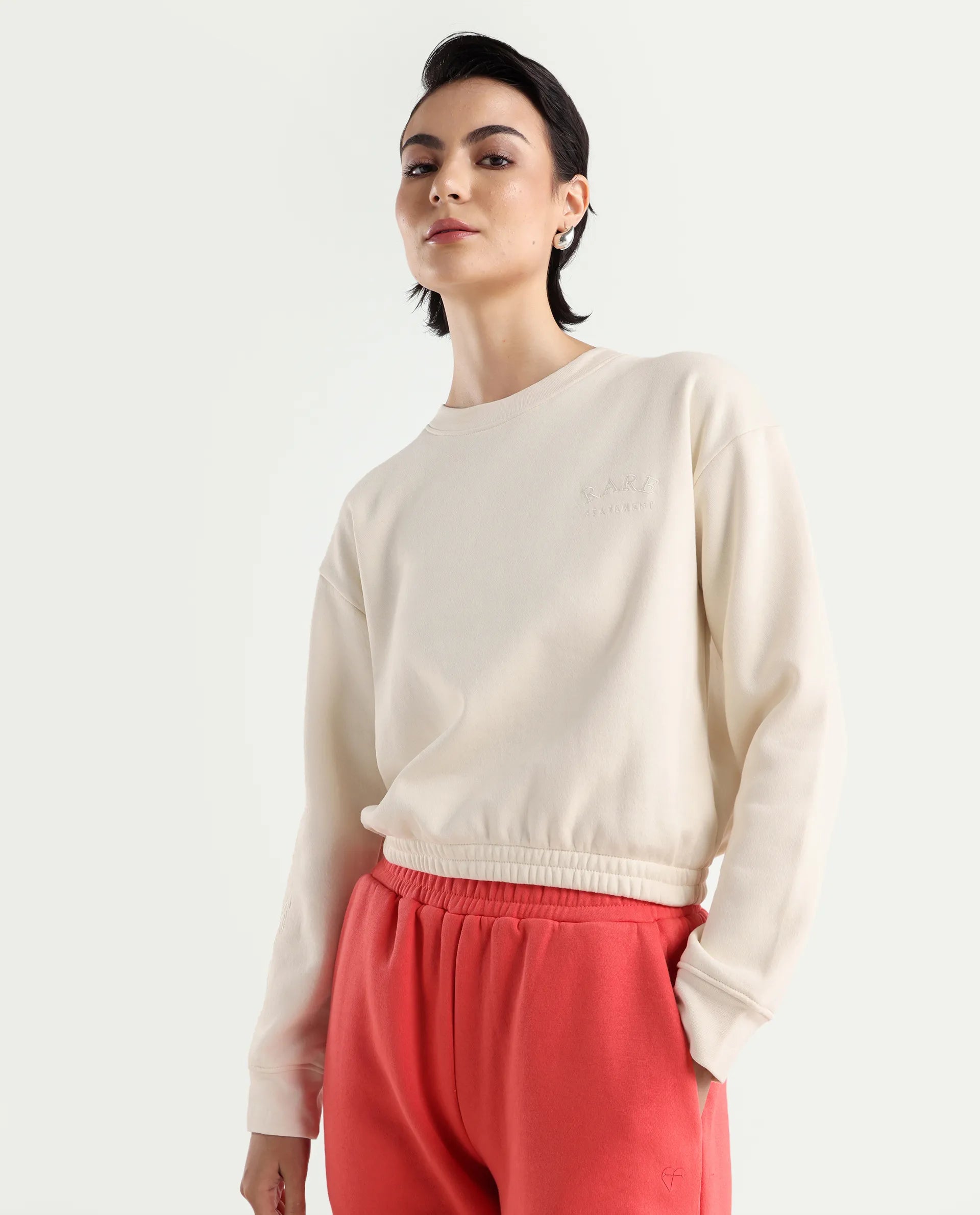 Rareism Women's Krok Beige Polyester Blend Crew Neck Embroidered Cuffed Sleeve Crop Regular Fit Sweatshirt