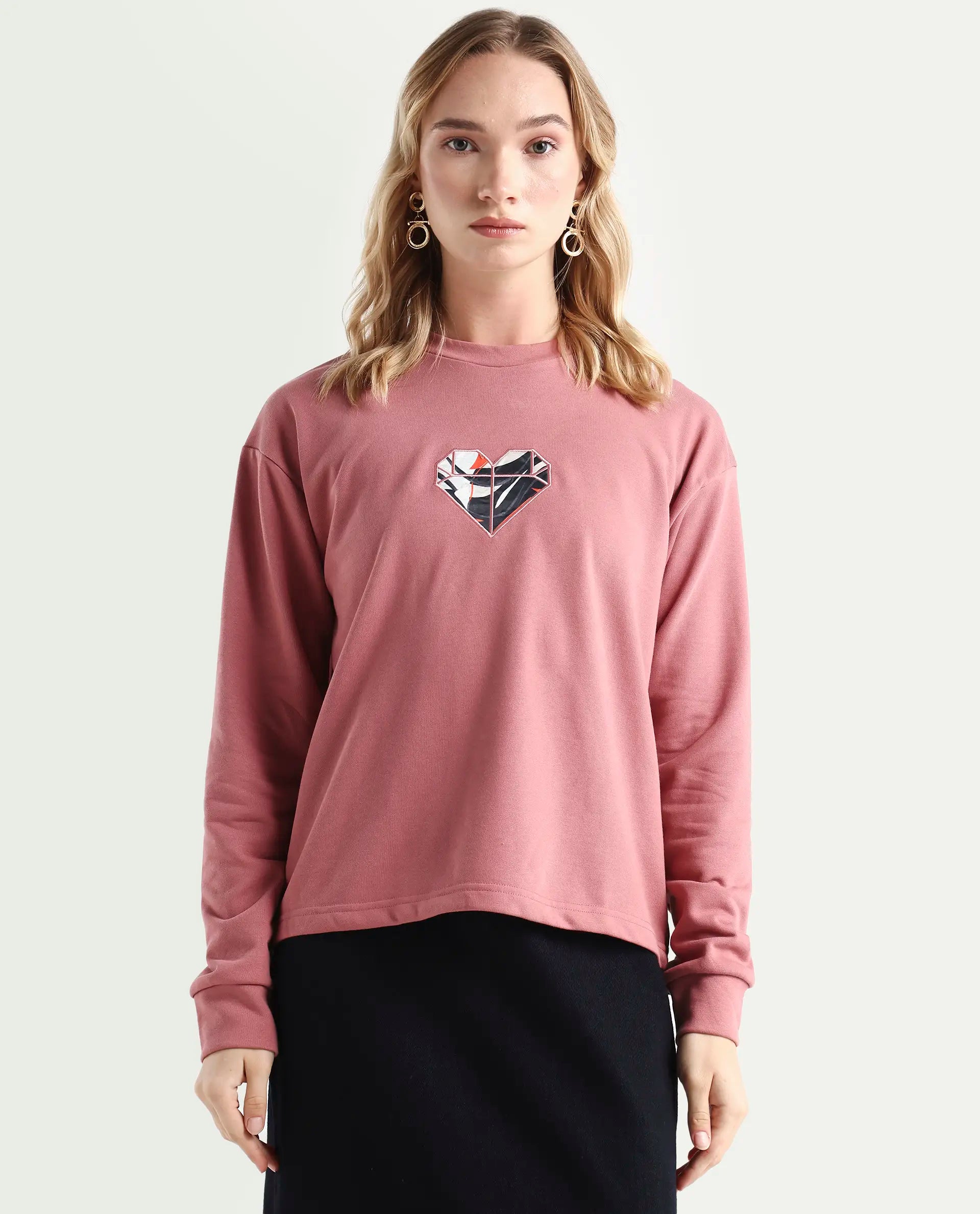Rareism Women's Morin Dusky Pink Cotton Crew Neck Graphic Print Cuffed Sleeve Regular Fit Sweatshirt
