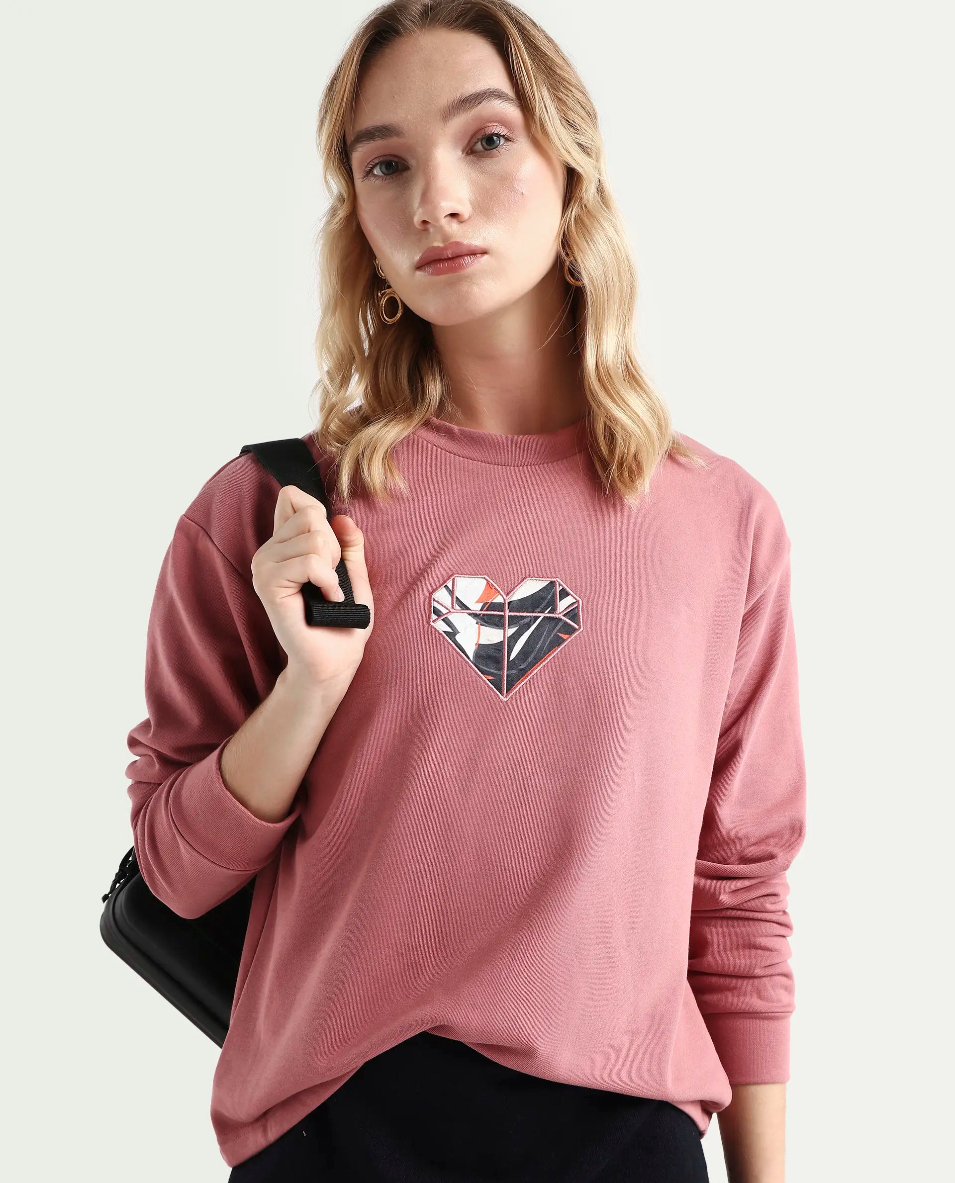 Rareism Women's Morin Dusky Pink Cotton Crew Neck Graphic Print Cuffed Sleeve Regular Fit Sweatshirt