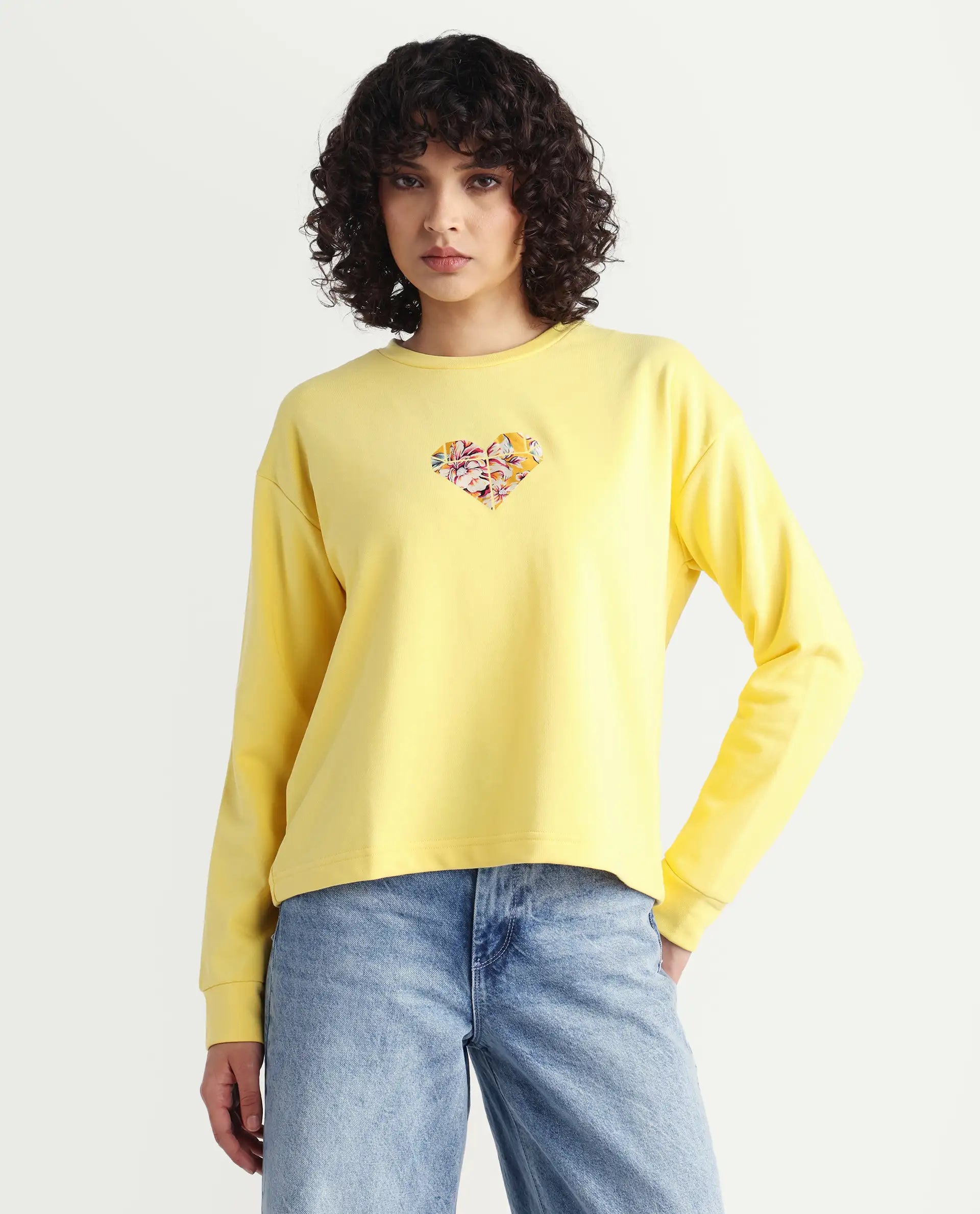 Rareism Women's Morin Yellow Polyester Blend Crew Neck Graphic Print Cuffed Sleeve Regular Fit Sweatshirt