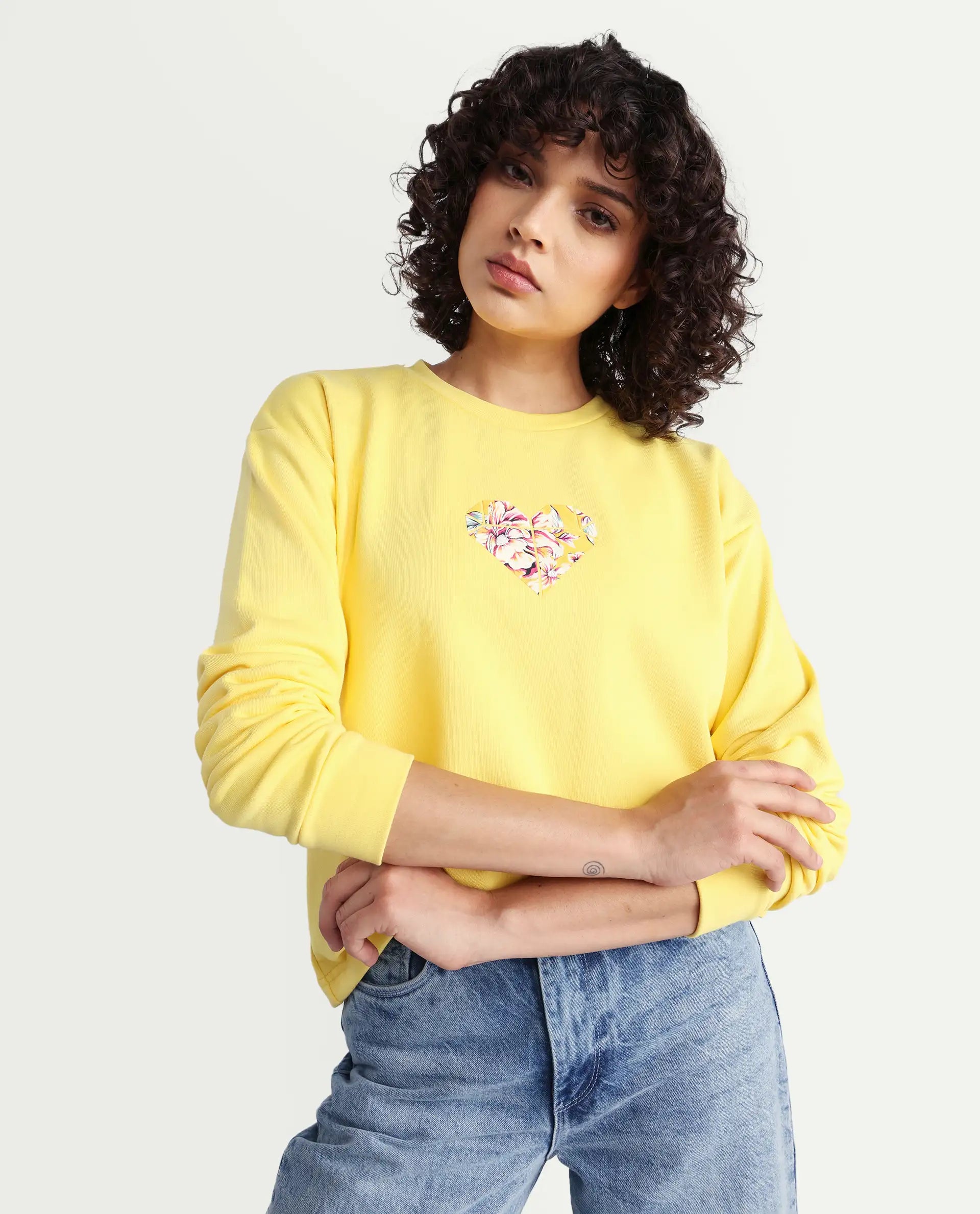 Rareism Women's Morin Yellow Polyester Blend Crew Neck Graphic Print Cuffed Sleeve Regular Fit Sweatshirt