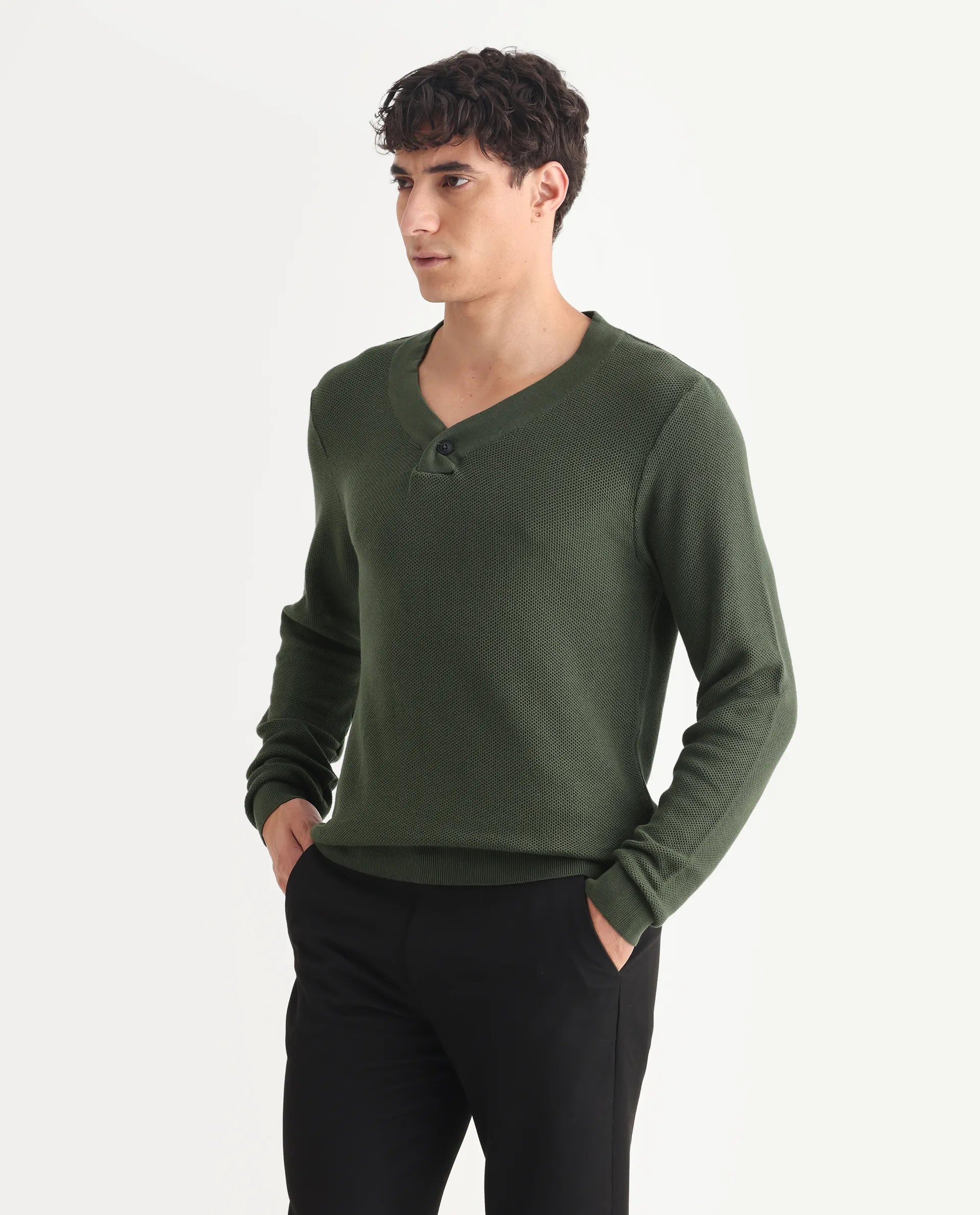 Rare Rabbit Men's Breeze Olive Cotton Plain Regular Fit Full Sleeve V-Neck Sweater