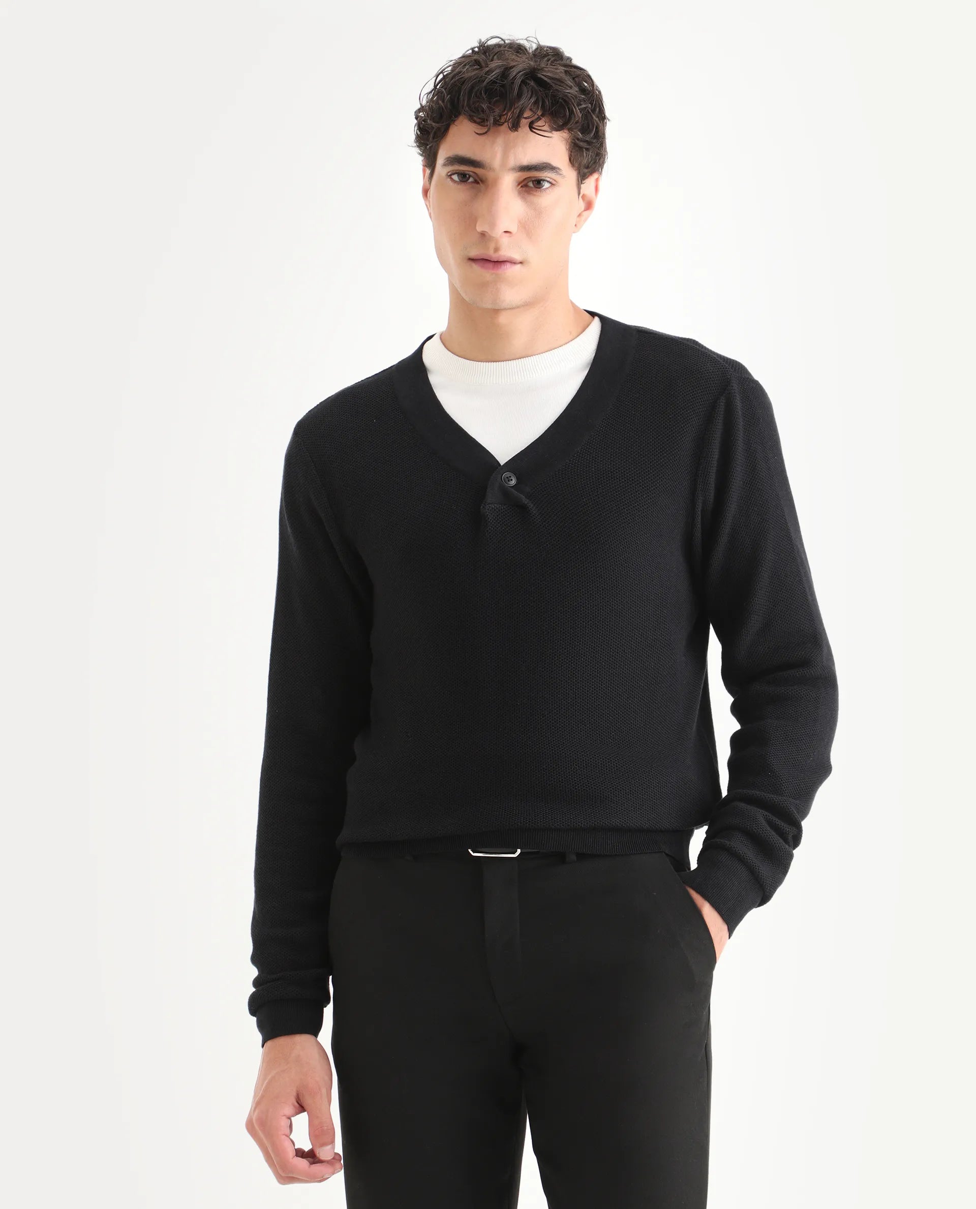 Rare Rabbit Men's Breeze Black Cotton Plain Regular Fit Full Sleeve V-Neck Sweater