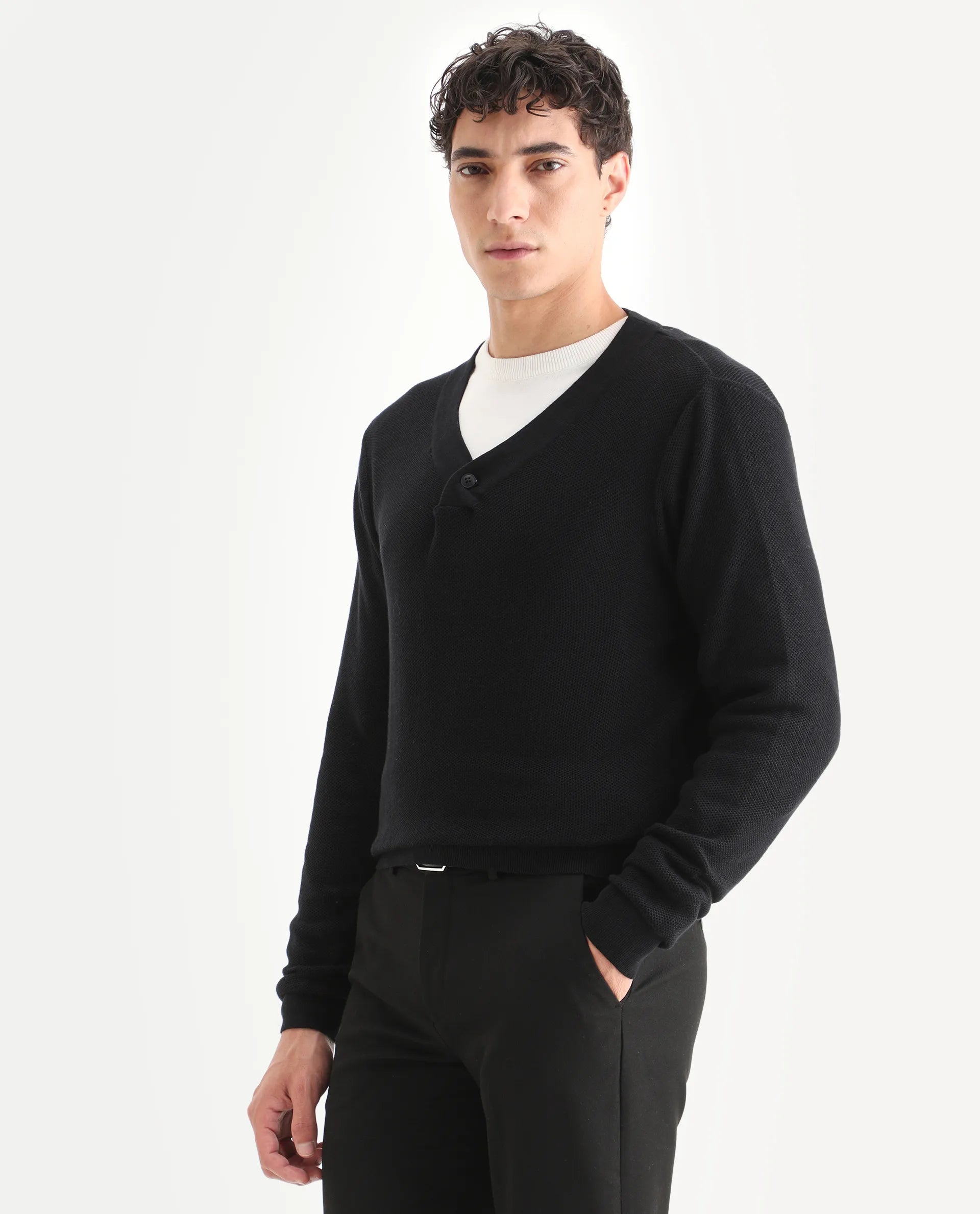 Rare Rabbit Men's Breeze Black Cotton Plain Regular Fit Full Sleeve V-Neck Sweater