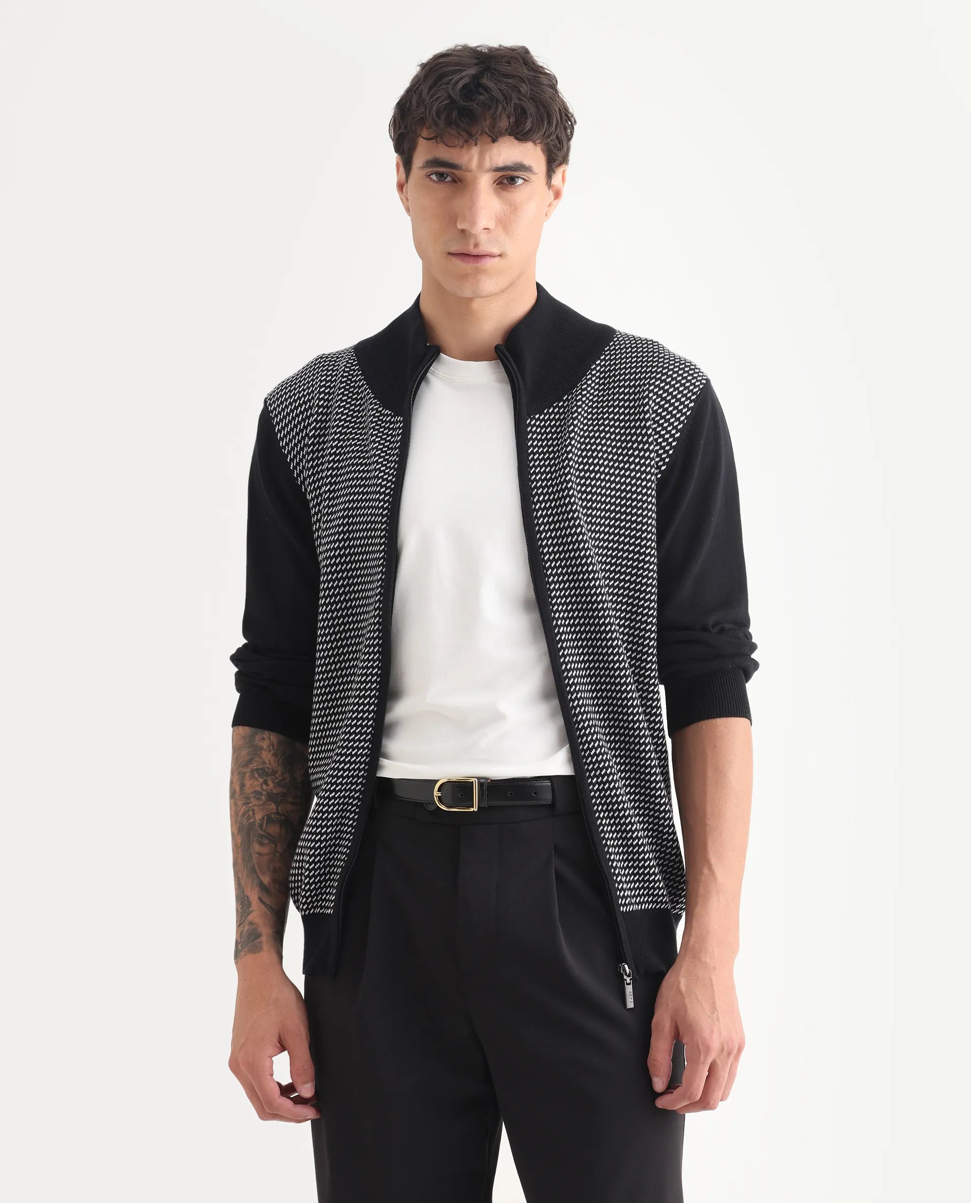 Rare Rabbit Men's Heritage Black Cotton Jacquard Regular Fit Full Sleeve High Neck Sweater