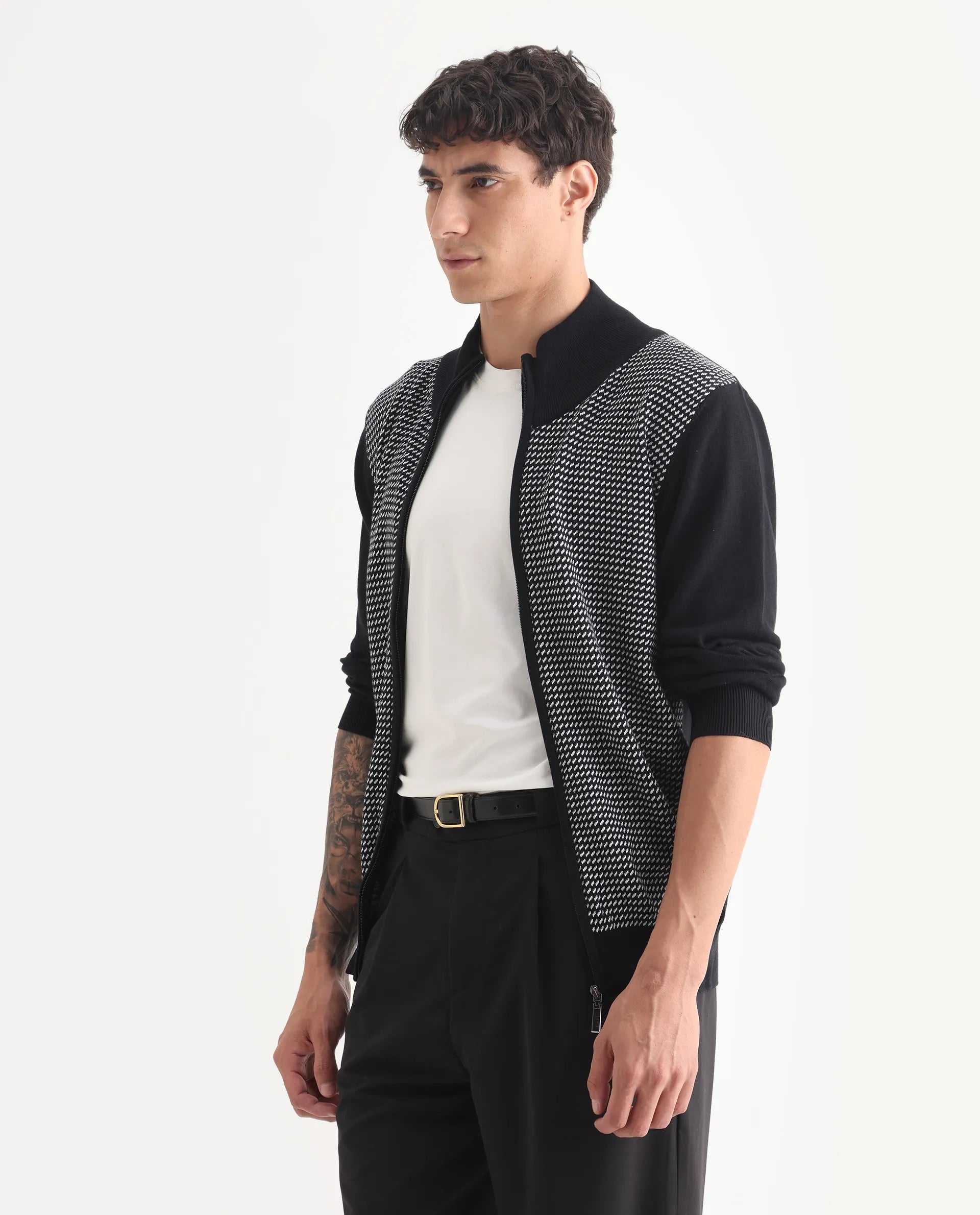 Rare Rabbit Men's Heritage Black Cotton Jacquard Regular Fit Full Sleeve High Neck Sweater