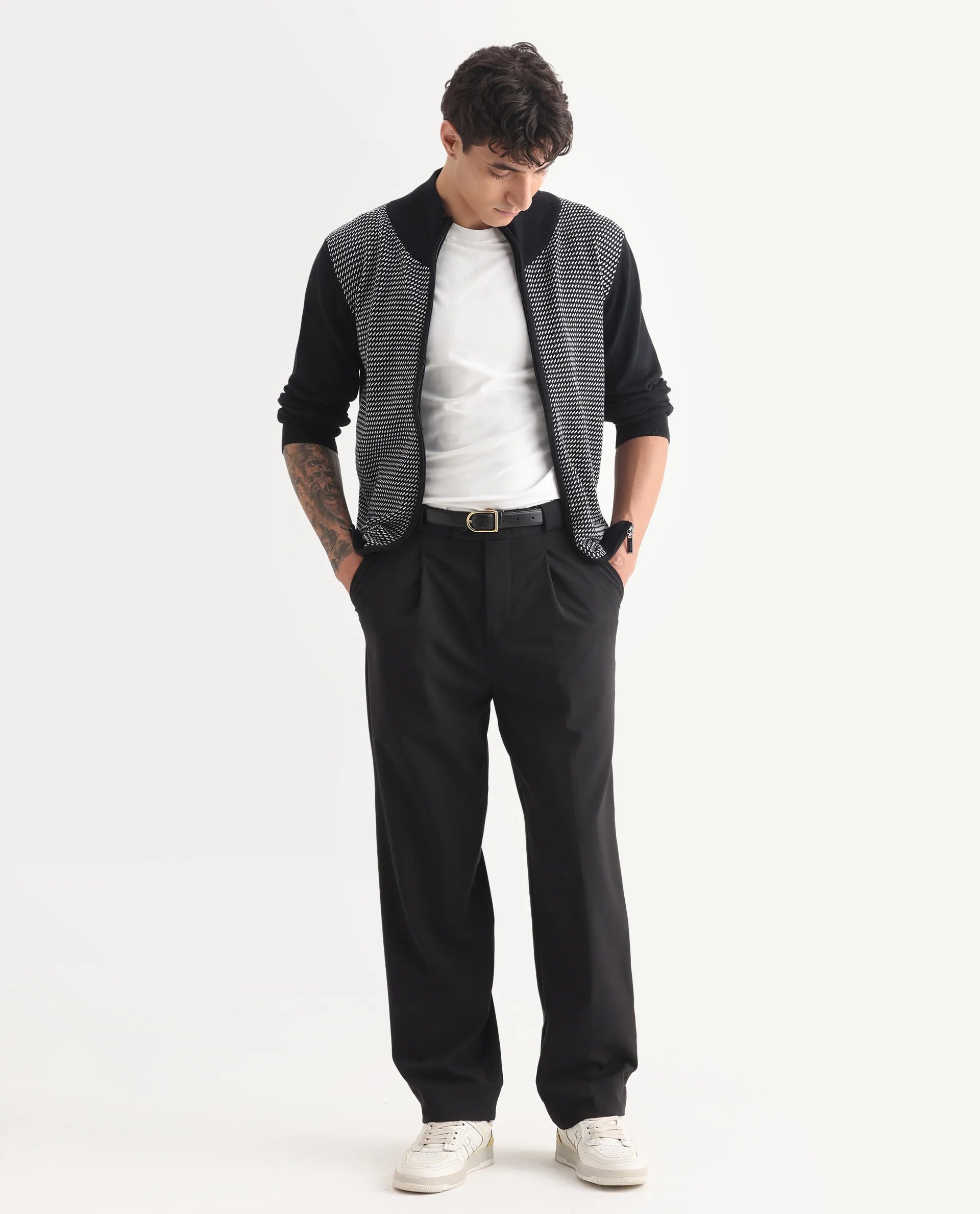 Rare Rabbit Men's Heritage Black Cotton Jacquard Regular Fit Full Sleeve High Neck Sweater