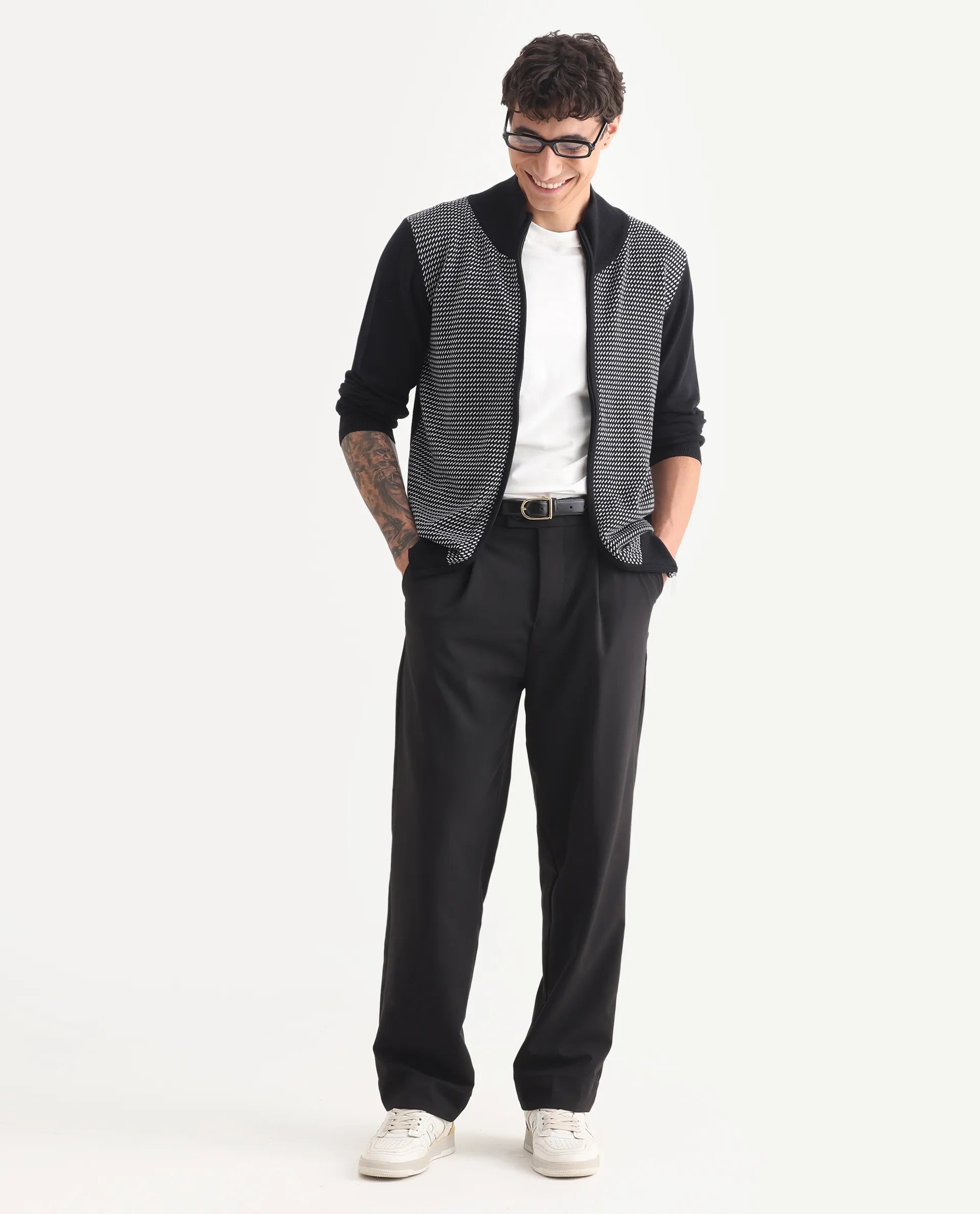 Rare Rabbit Men's Heritage Black Cotton Jacquard Regular Fit Full Sleeve High Neck Sweater