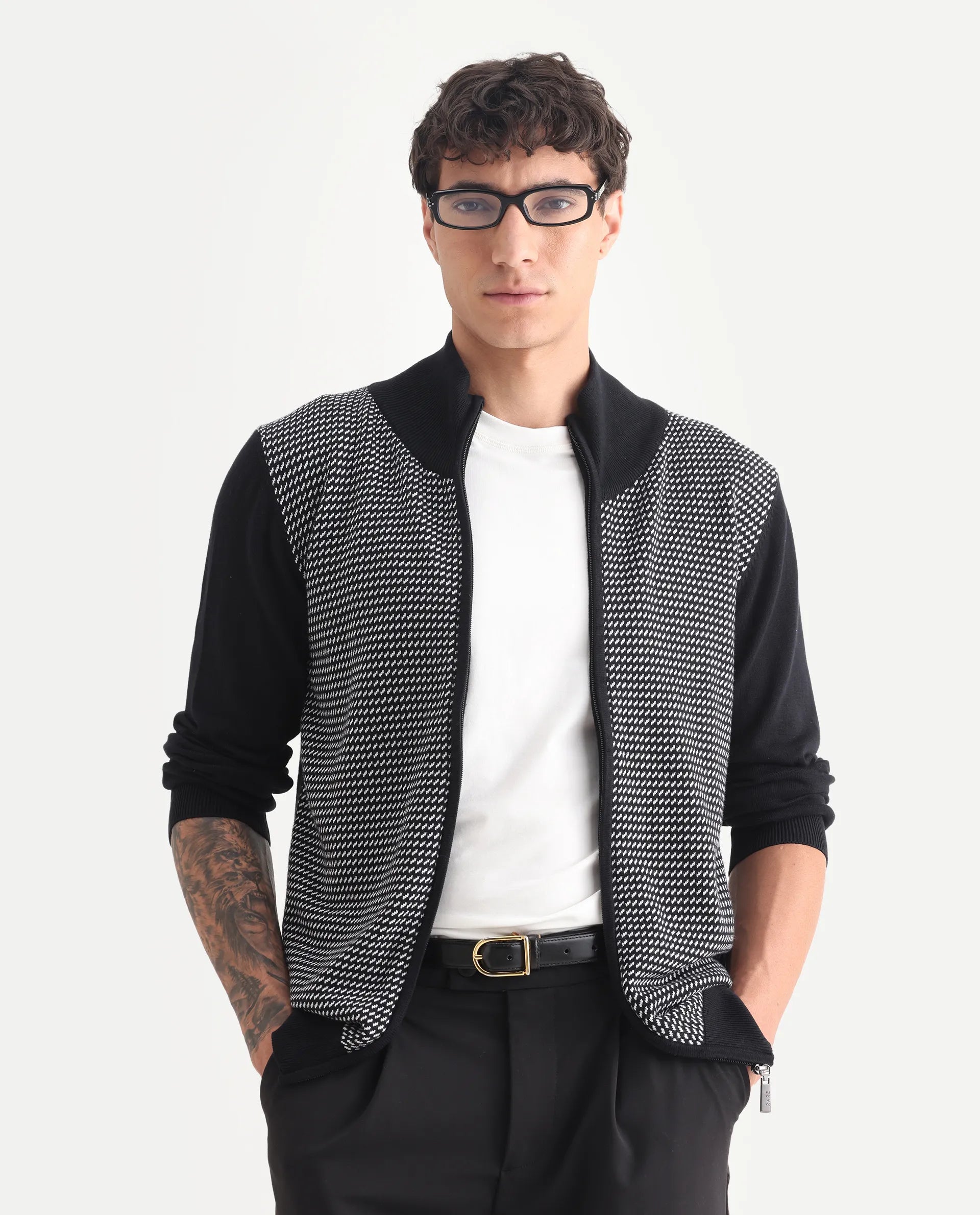 Rare Rabbit Men's Heritage Black Cotton Jacquard Regular Fit Full Sleeve High Neck Sweater