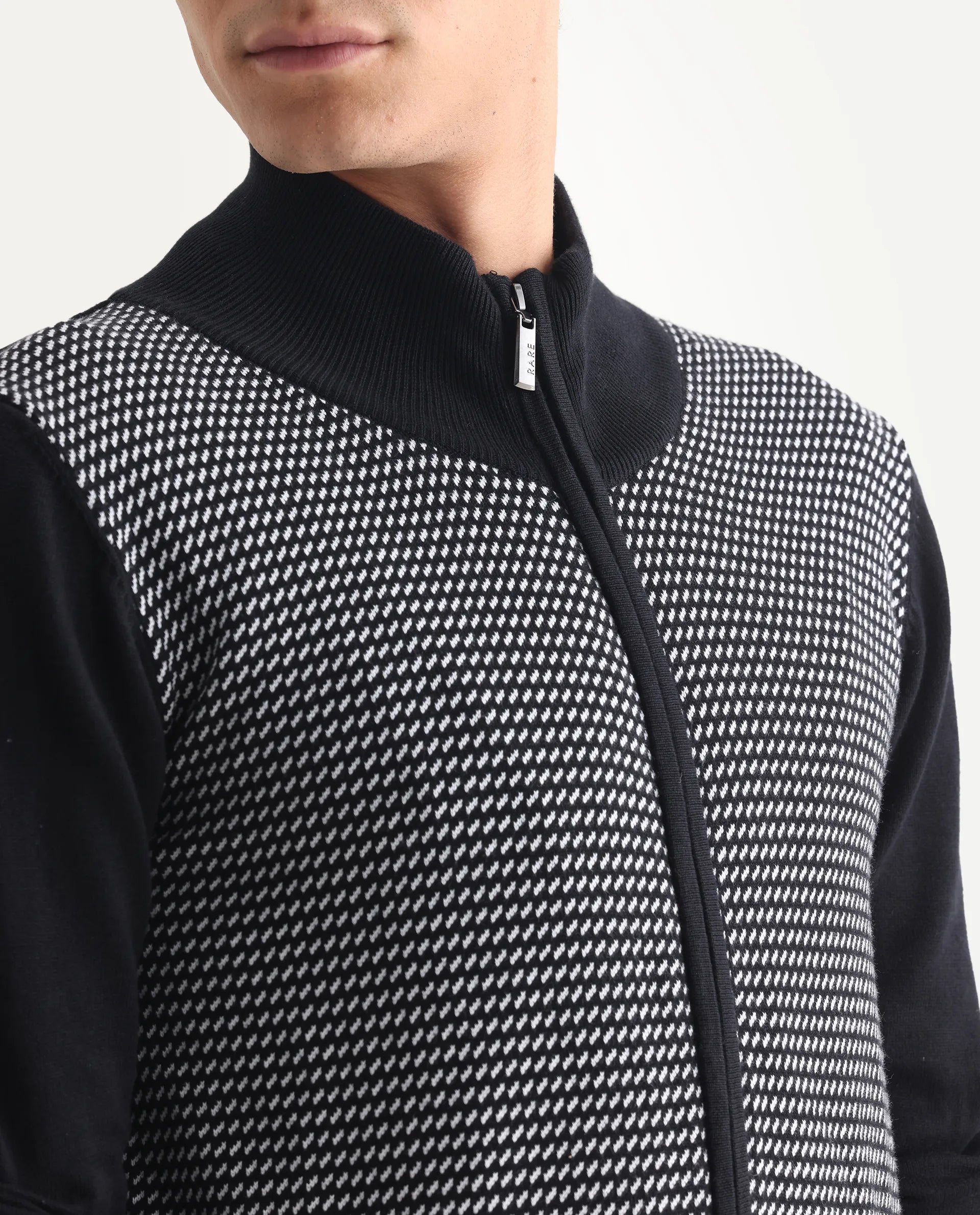 Rare Rabbit Men's Heritage Black Cotton Jacquard Regular Fit Full Sleeve High Neck Sweater