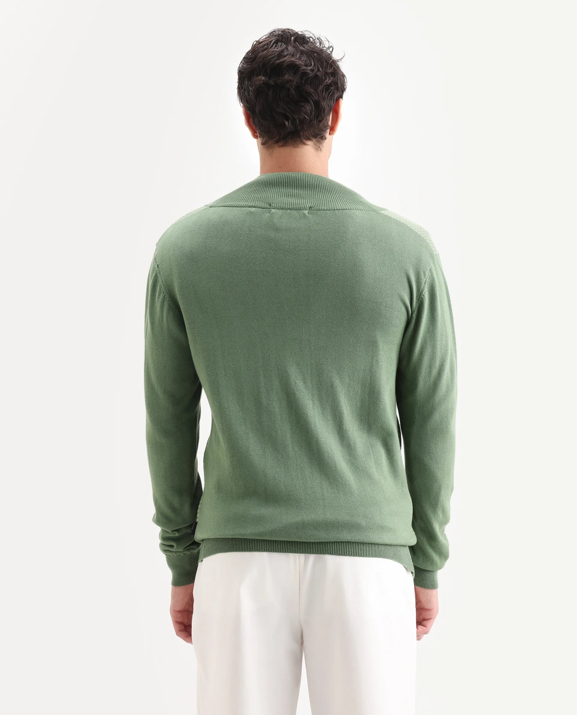 Rare Rabbit Men's Heritage Green Cotton Jacquard Regular Fit Full Sleeve High Neck Sweater
