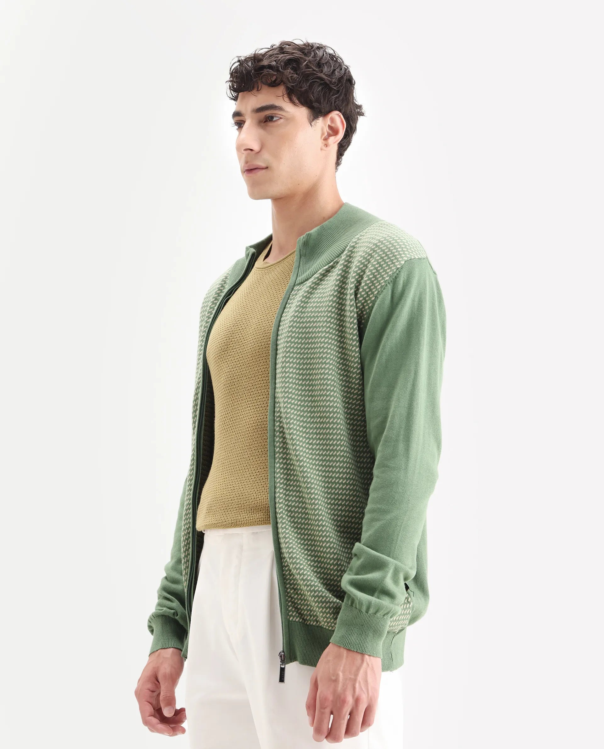 Rare Rabbit Men's Heritage Green Cotton Jacquard Regular Fit Full Sleeve High Neck Sweater