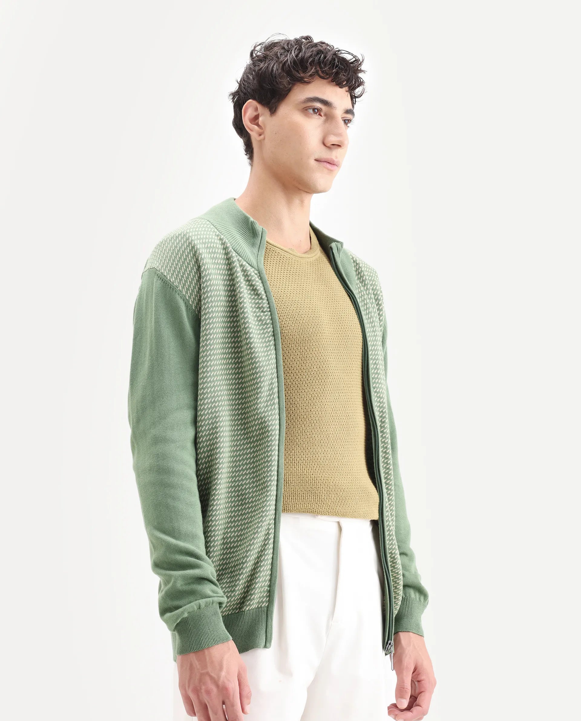 Rare Rabbit Men's Heritage Green Cotton Jacquard Regular Fit Full Sleeve High Neck Sweater